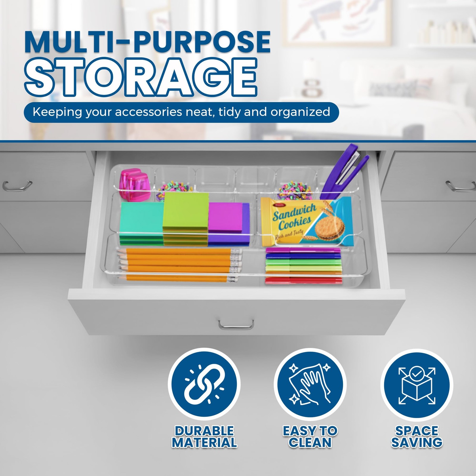 Manaloom Desk Drawer Organizer Tray with 9 Storage Compartments – For Clear