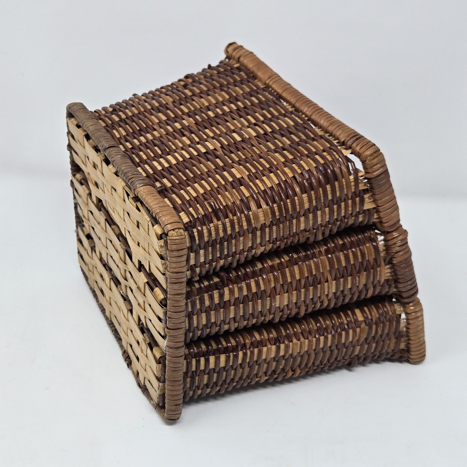 VTG Bamboo Wicker Rattan Desk Accessory Square Letter Holder 3 Compartment Hang