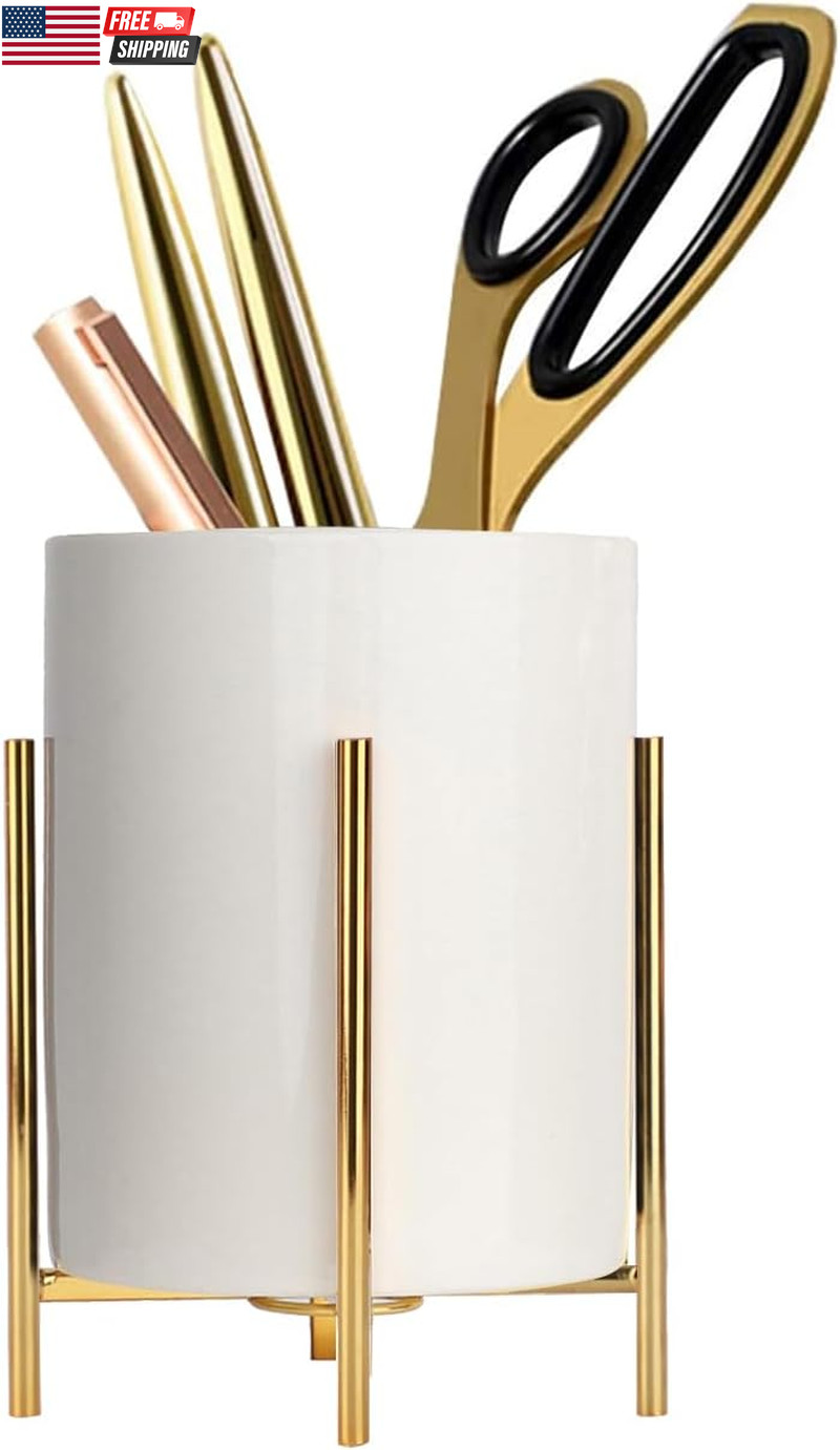 Gold Pencil Cup Sturdy Metal Frame with White Ceramic Pen Holder for Desks and K