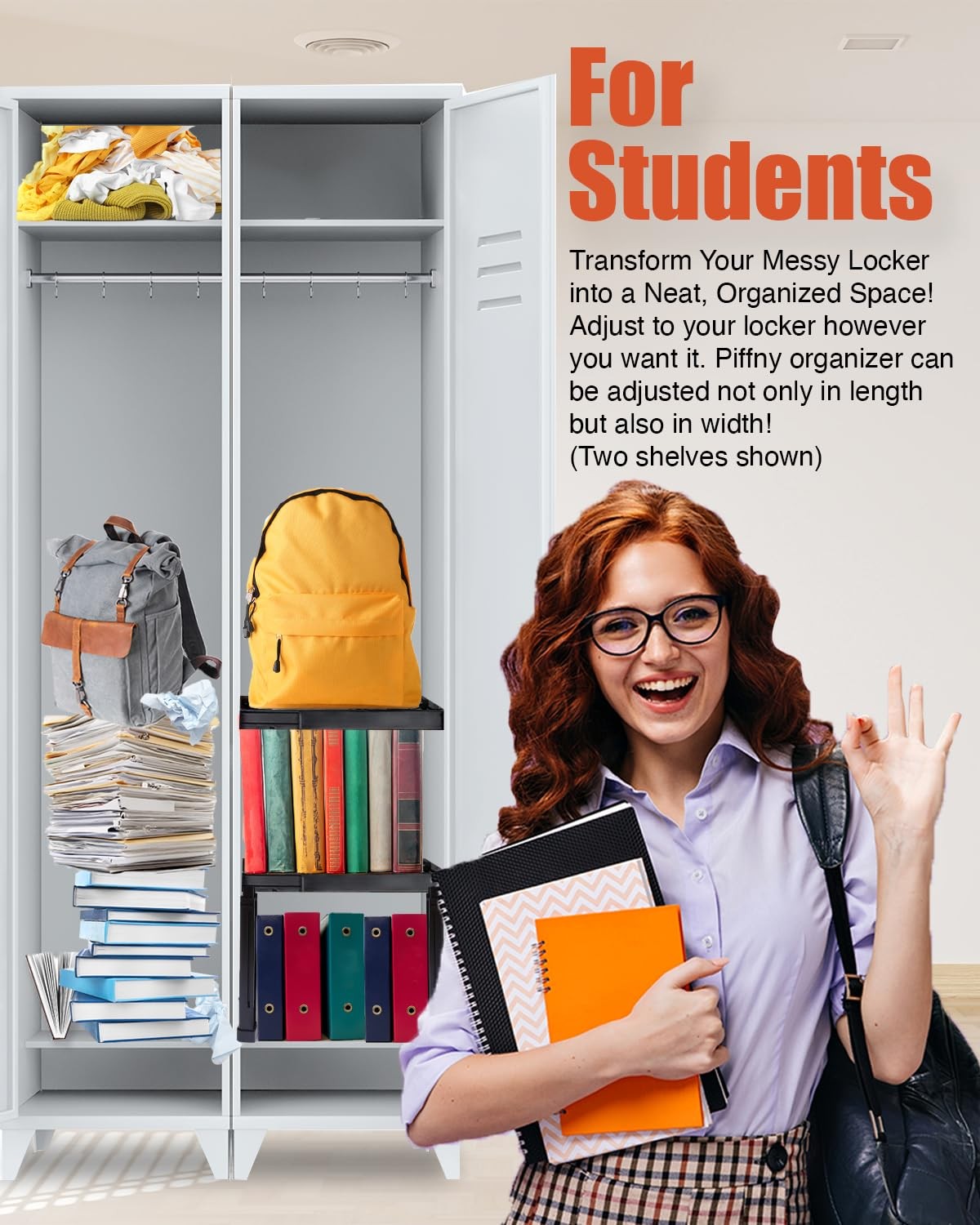 2 Pack White Locker Organizer Shelf Adjustable Width Height Stackable Office