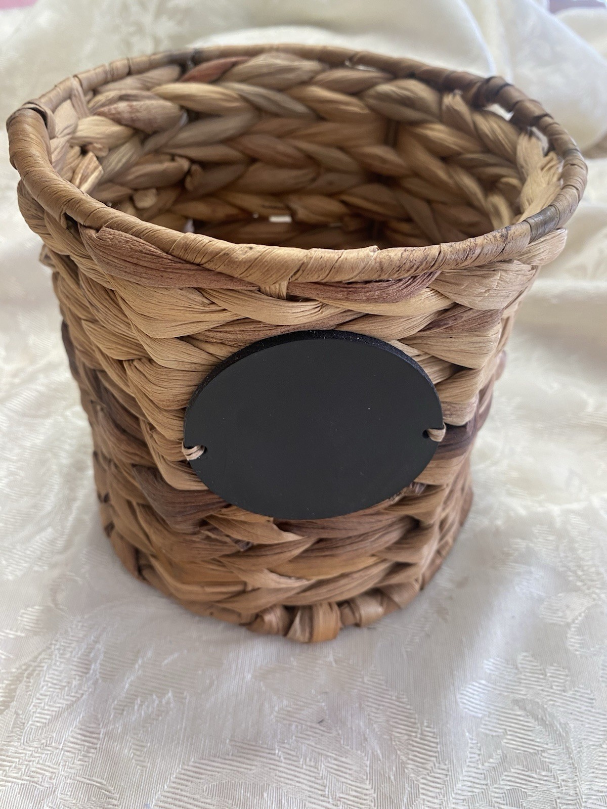 Thirty One Storage Basket 6” Tall Tan Blue Woven Wicker New Chalk Sign