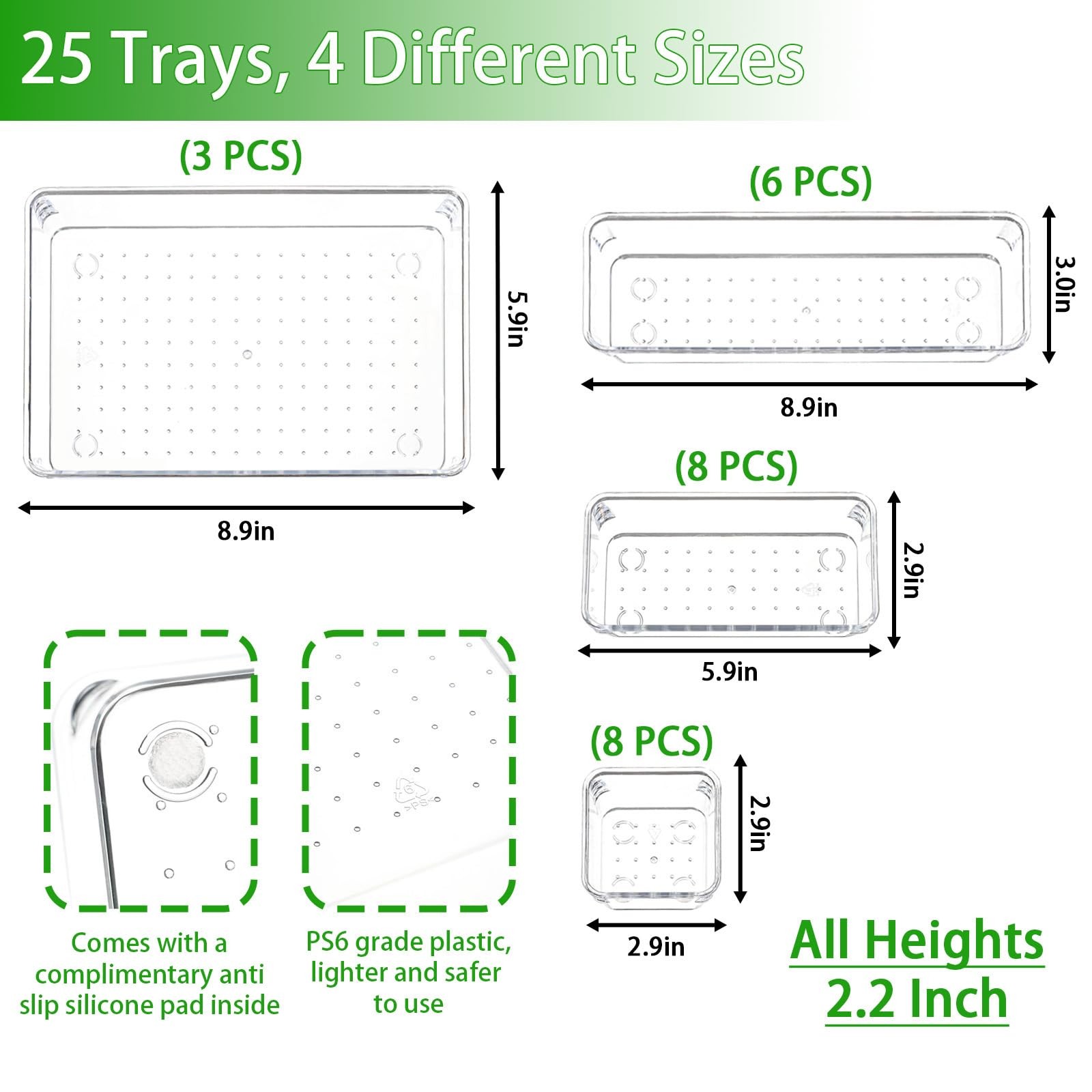 25 Pc Clear Plastic Drawer Organizer Set,4 Sizes In Drawer Organizer Trays fo…