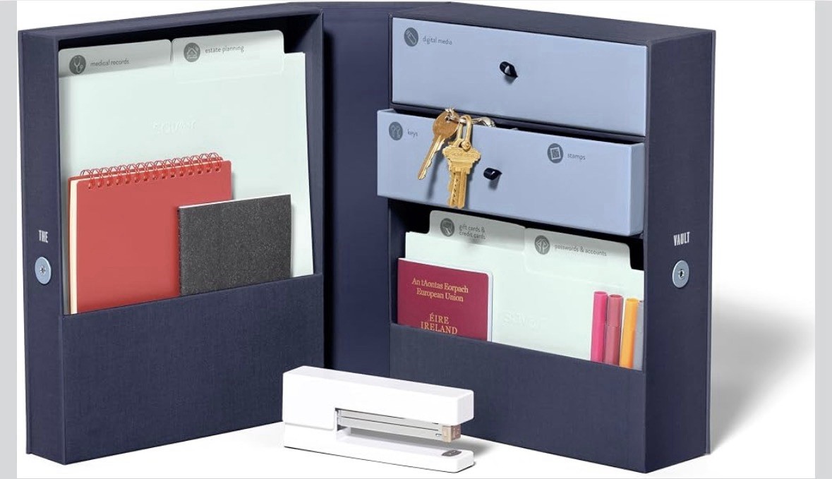 Savor All-in-One Desk Vault Organizer Storage Box Blue -Drawers Files Labels NEW