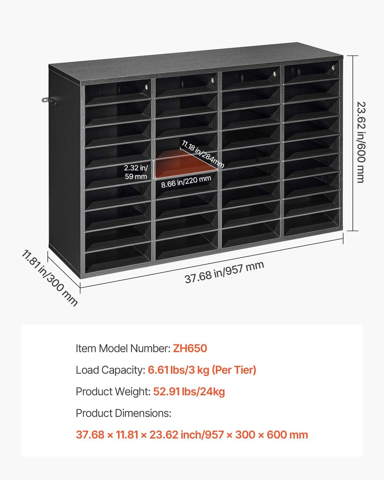 Countertop File Sorter: 36 Compartments, Wooden Finish, Detachable Shelf Design