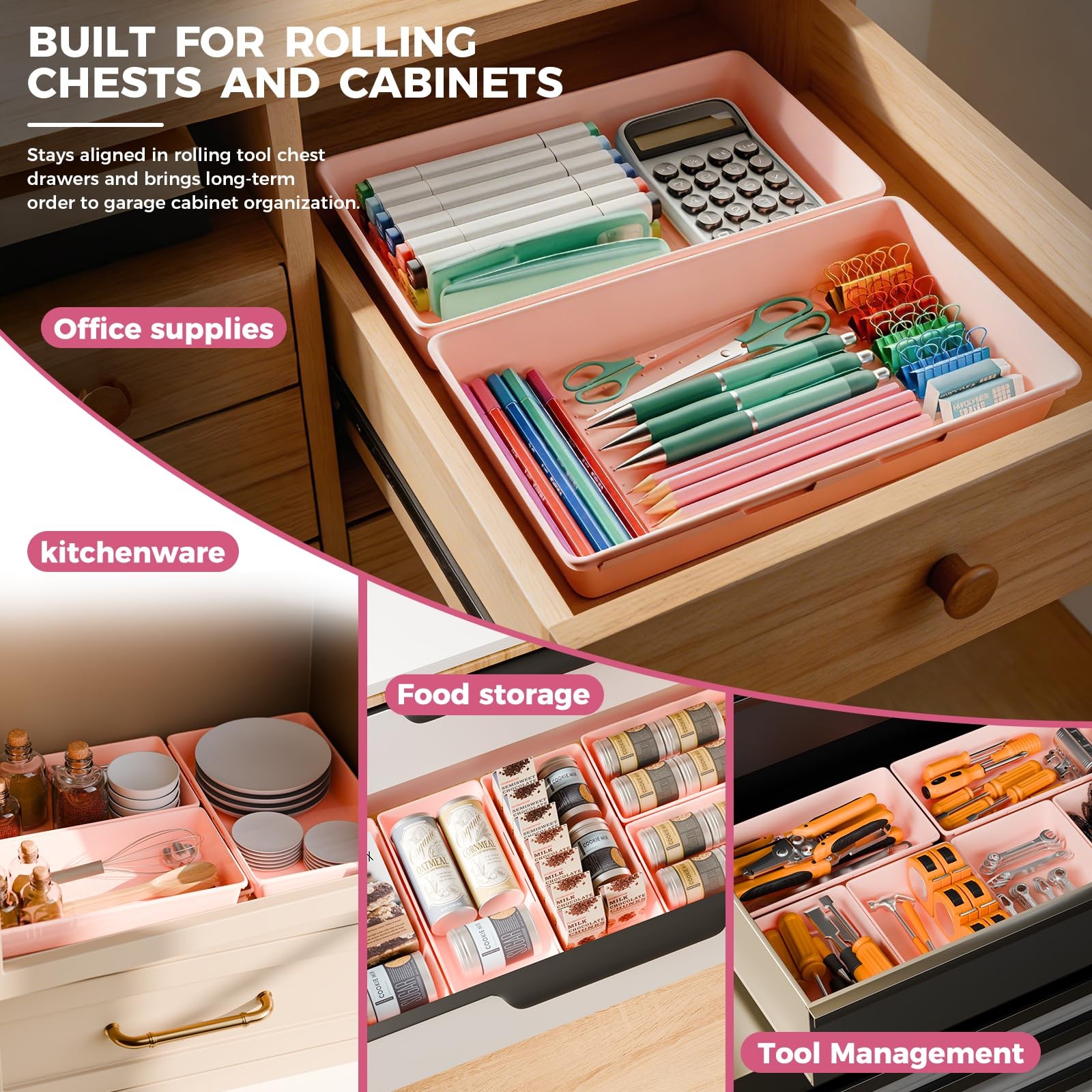 [6 PCS Extra-Large] Pink Drawer Organizer Trays with Non-Slip Pads, Interlock…