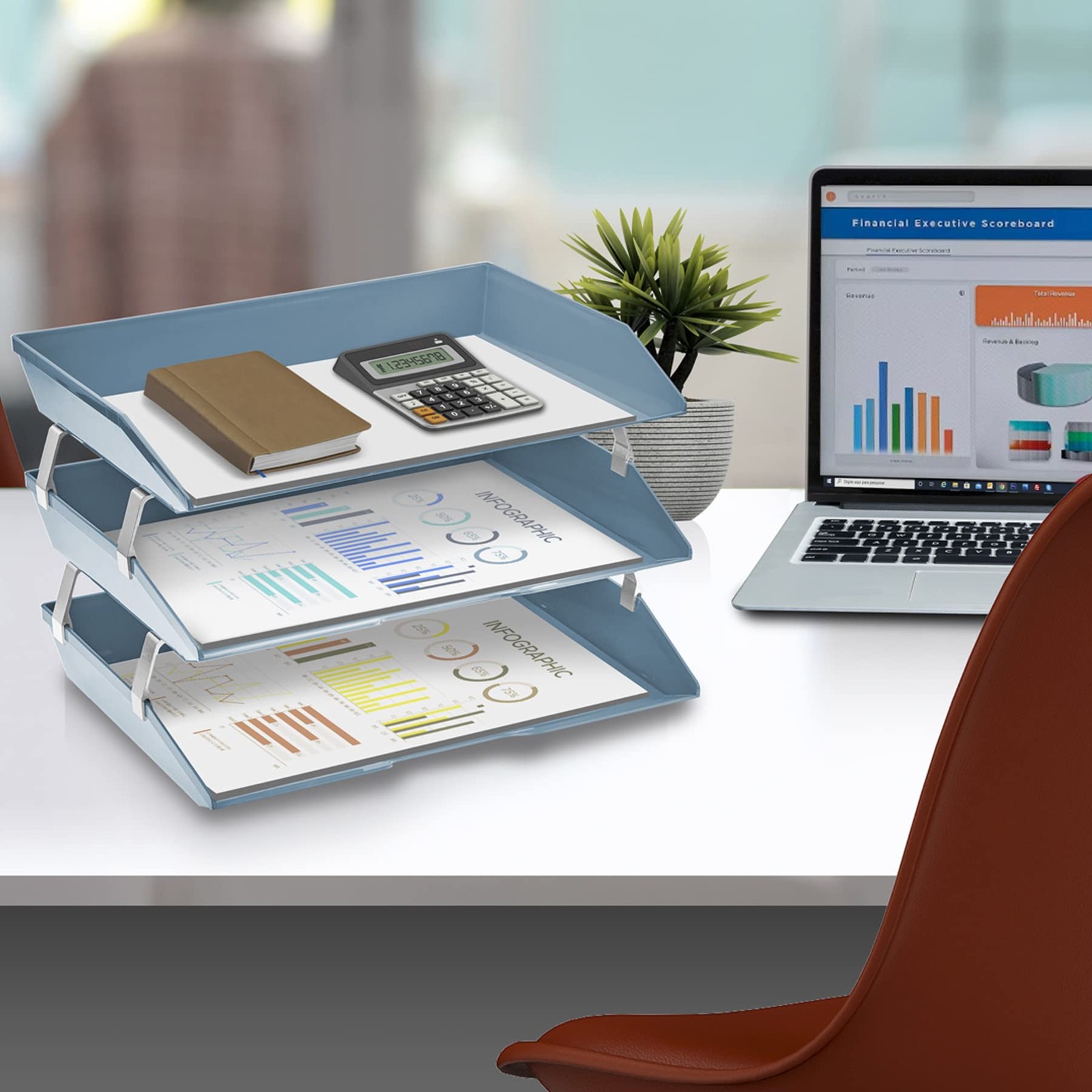 Facility 3Tier Letter Tray Side Load A4 Desktop File Organizer Plastic Blue