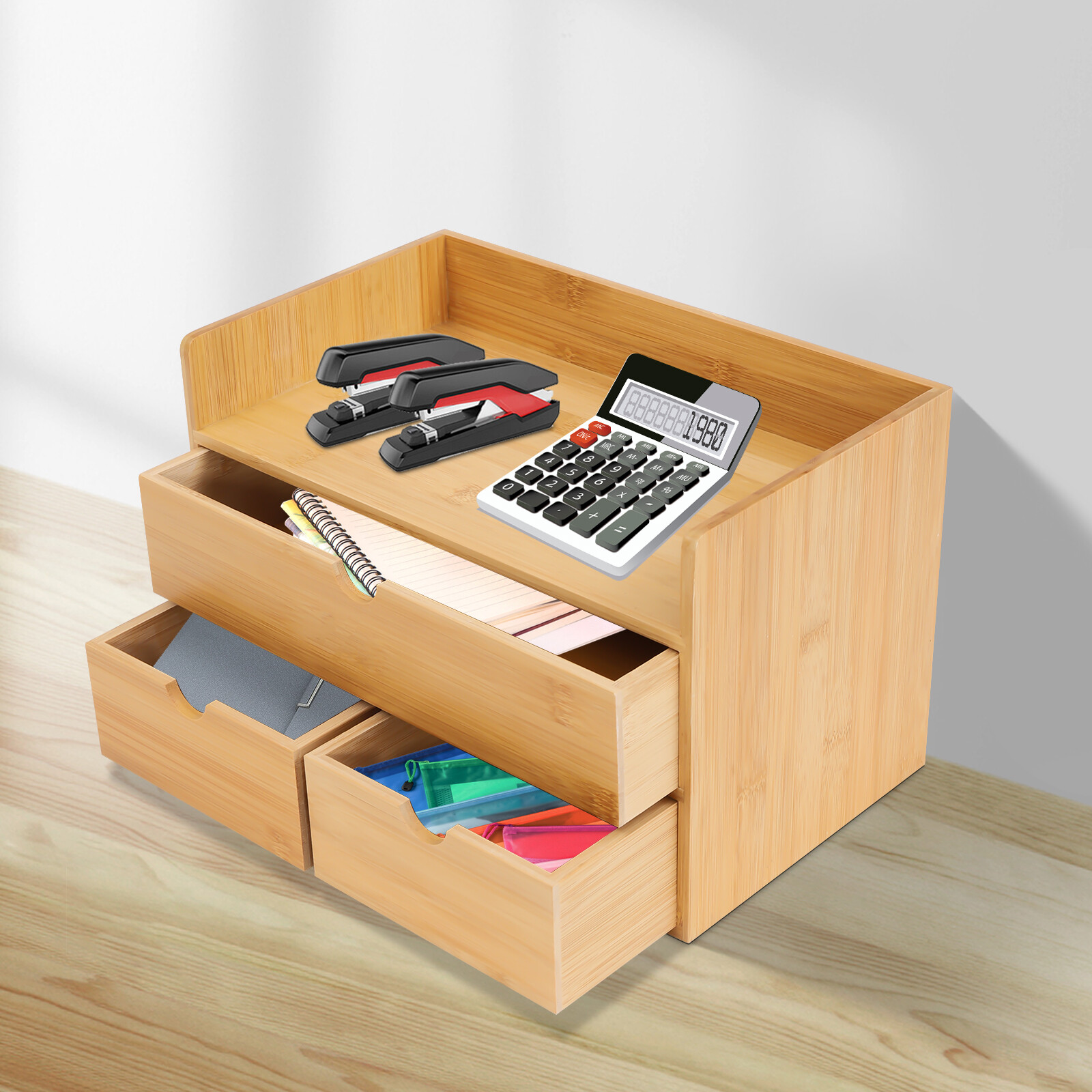 Bamboo Desk Organizer -Tabletop Storage Organization Box w/ 3 Drawers for Office