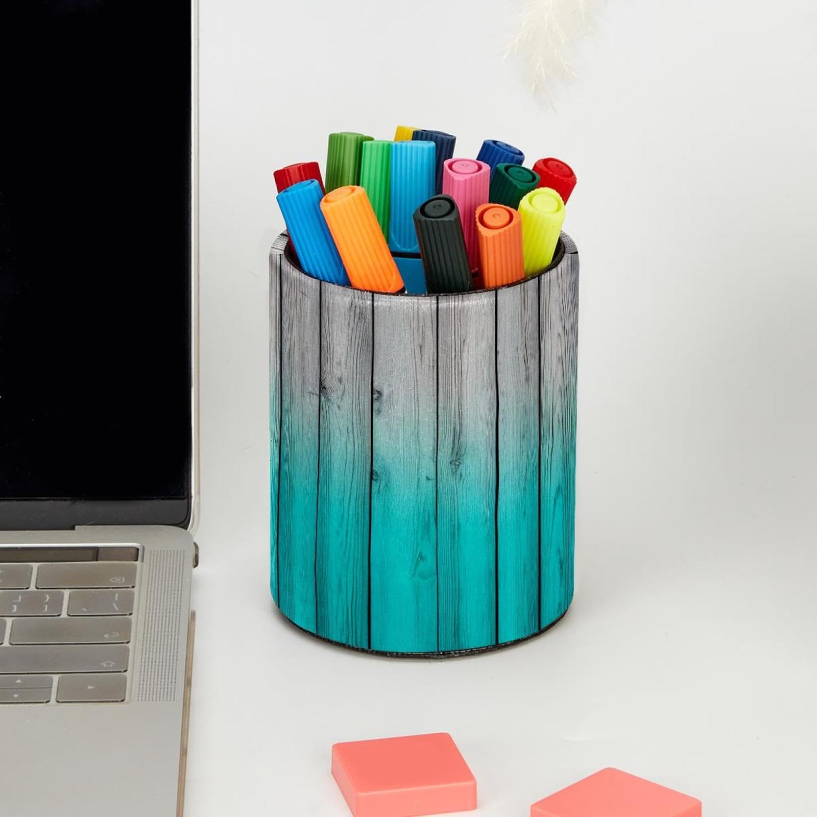 Pen Pencil Holder for Desk, Teal Rustic Wood Panels Makeup Brush Holders Leat…