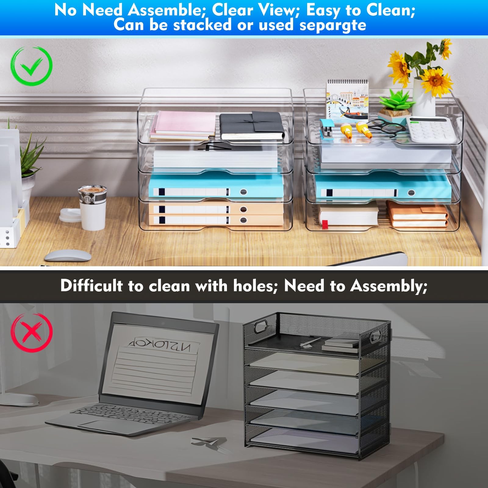 Paper Organizer Letter Tray, 4 Pack Acrylic Stackable 4-tier Widened, White