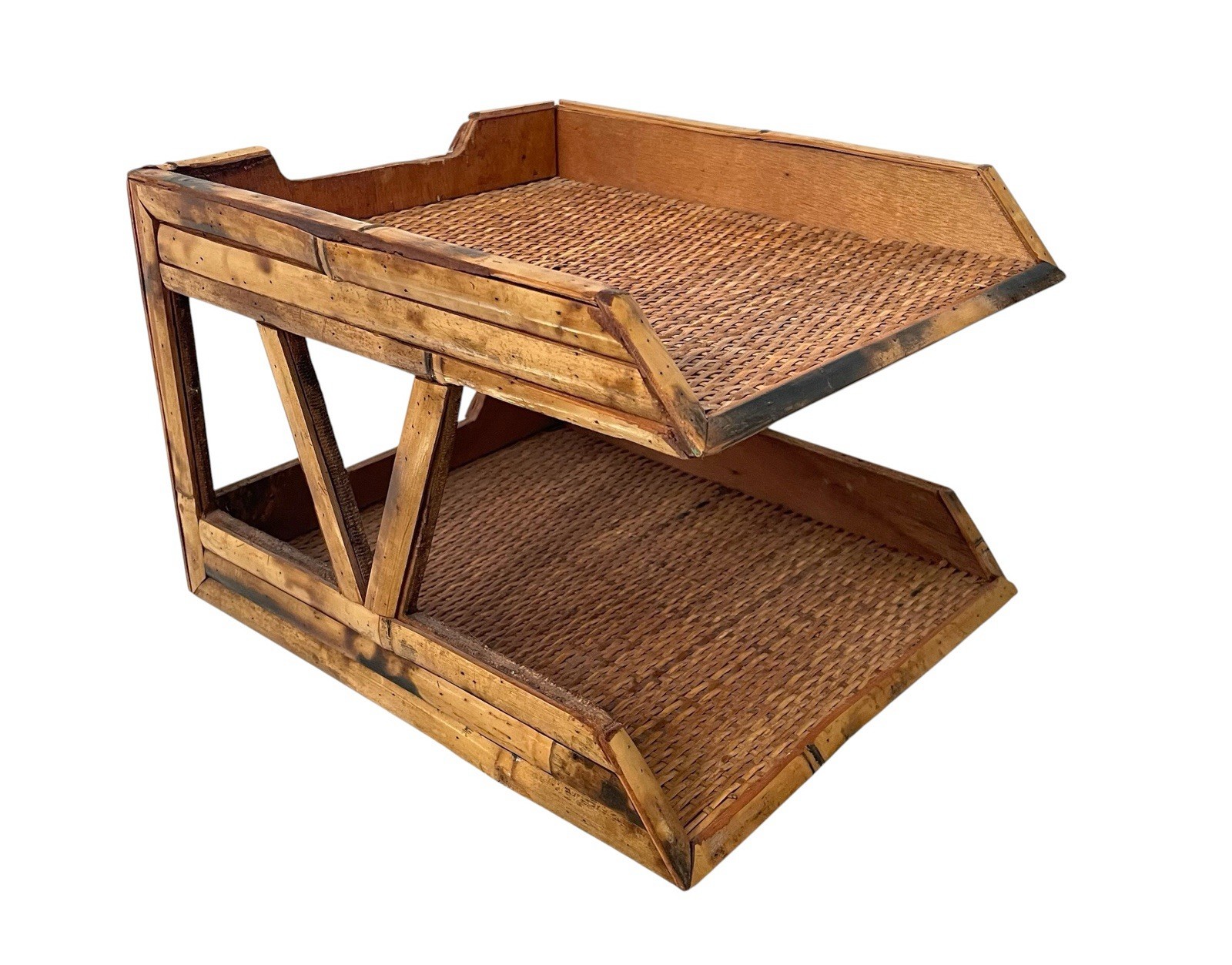 Vintage Burnished Bamboo Woven Rattan 2 Tiered Desk Organizer. Boho Coastal Deco