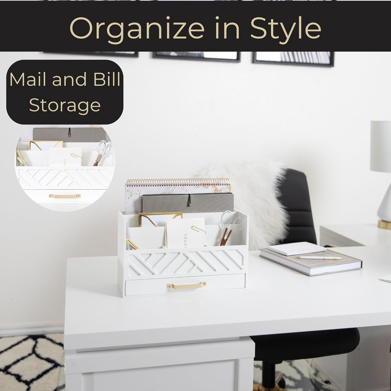 | White Wooden Mail Organizer with Drawer & Gold Handle | Mail Sorter Organizer
