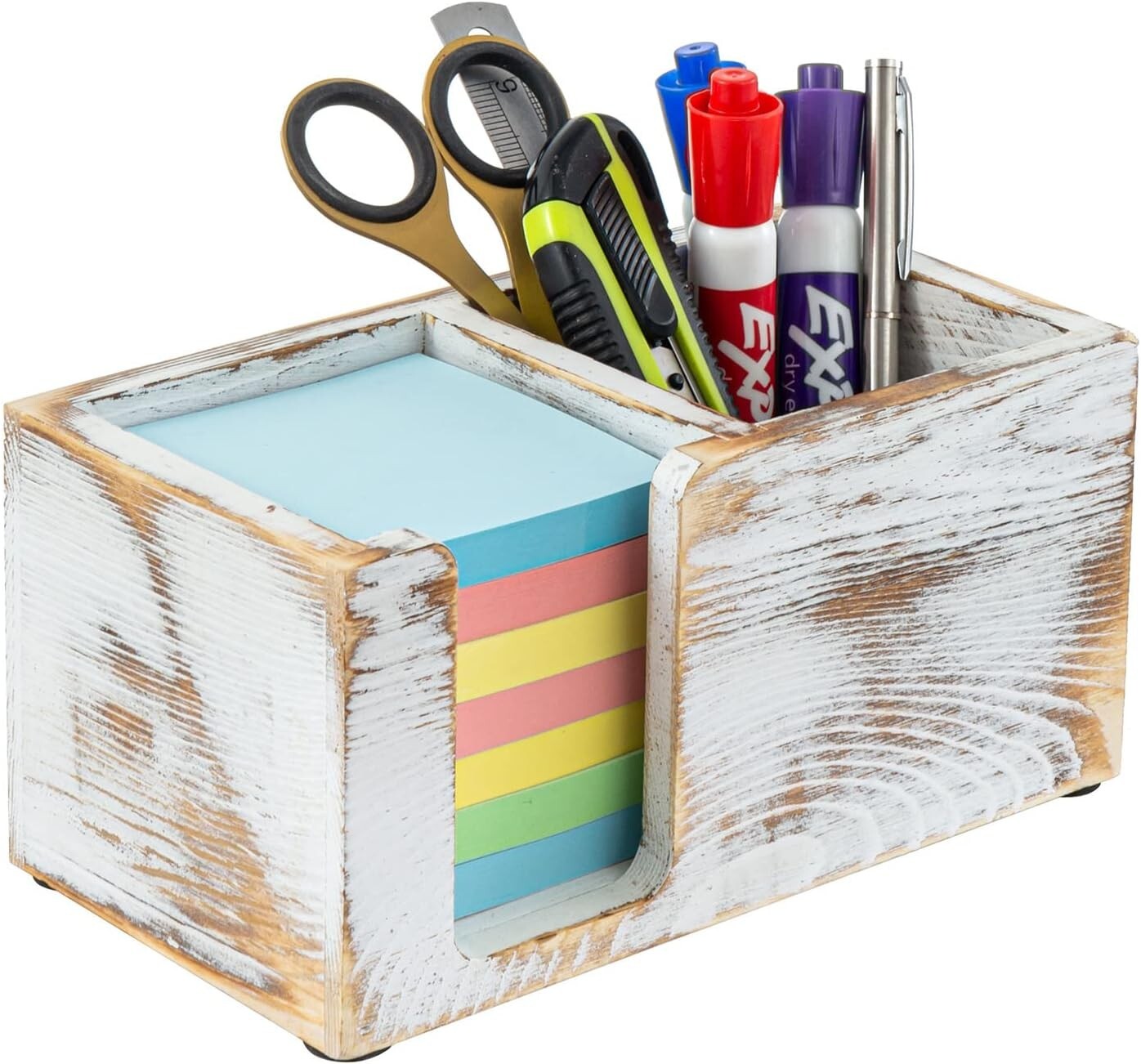 White Wood Sticky Note and Stationery Holder Stand, Office Desktop Storage Caddy