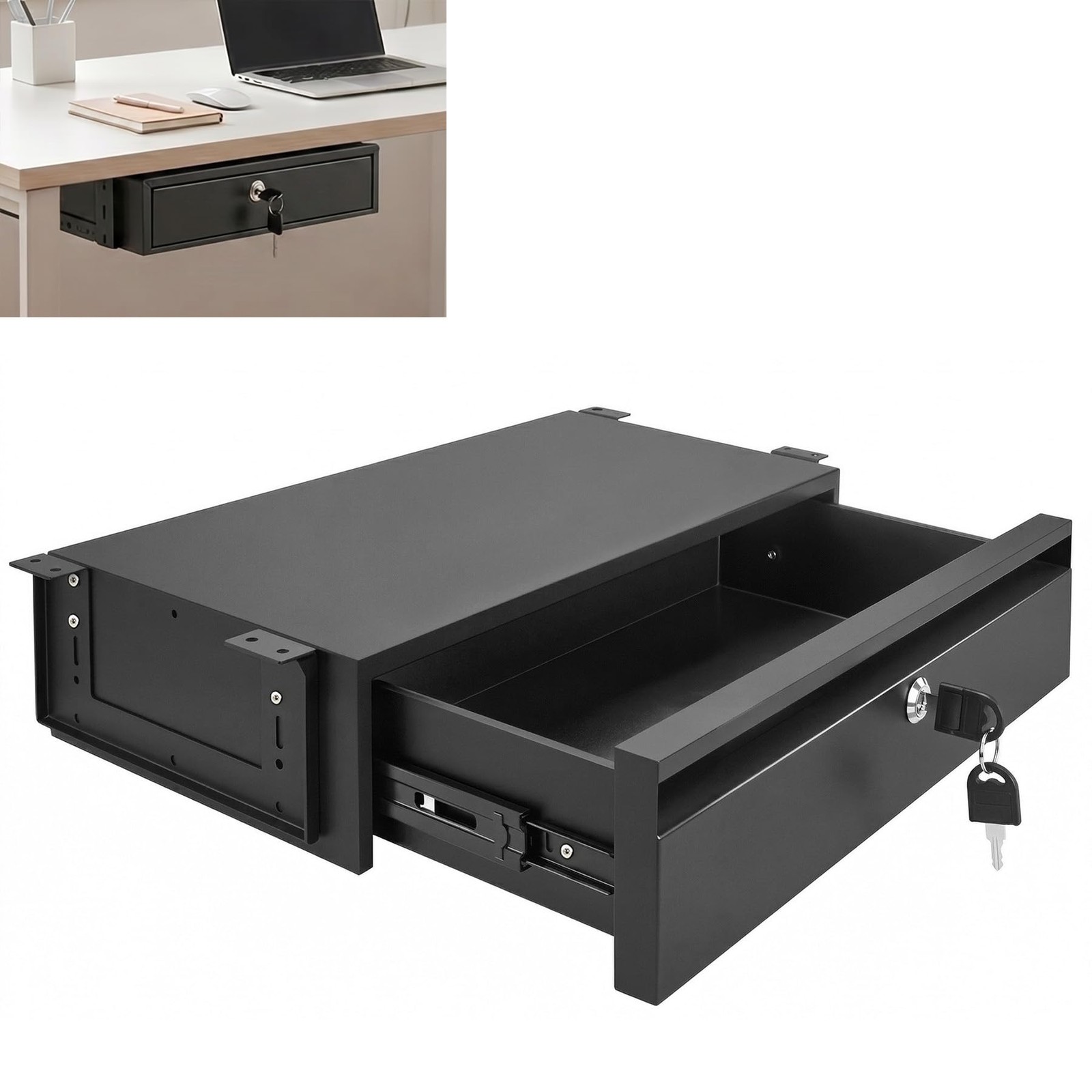 16in Under Desk Drawer with Lock Pull Out Storage Organizer