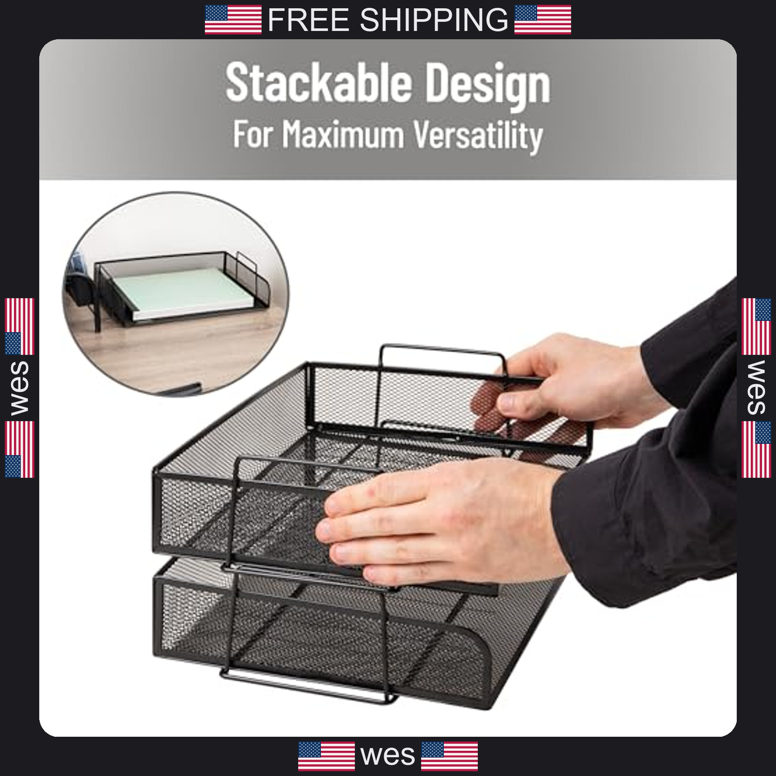 Mind Reader stackable paper tray set black metal mesh desktop organizer 2 pcs