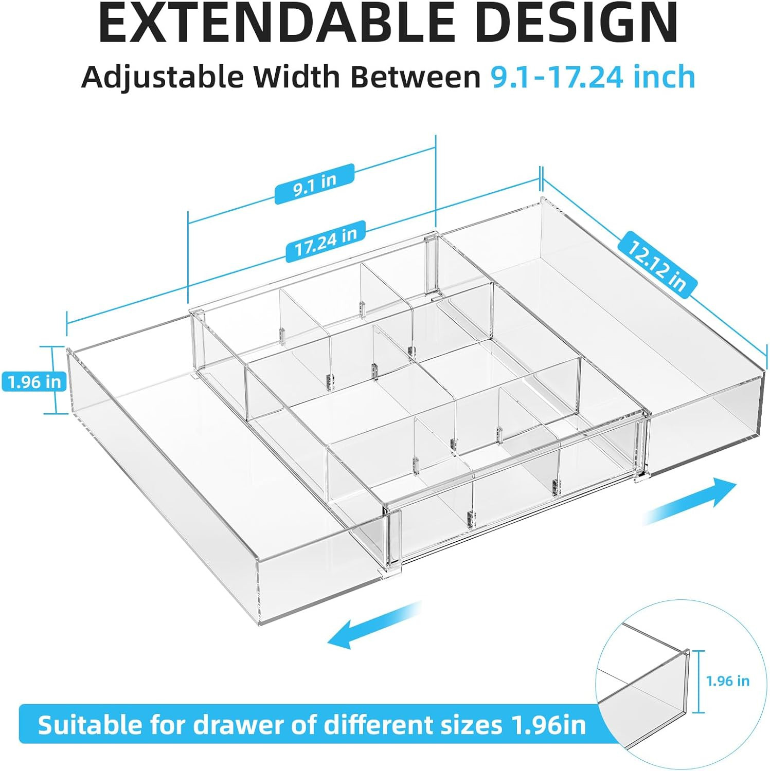 Expandable Desk Drawer Organizer, Clear Plastic Drawer Organizer Tray with 10 Ad
