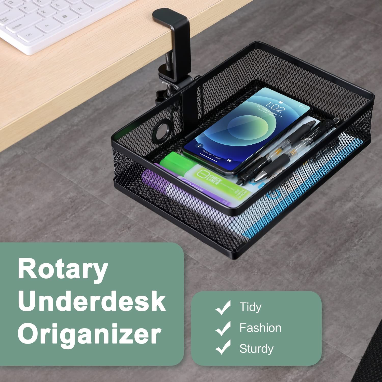Under Desk Storage Organizer Clamp On Drawer Basket Hanging Mount Tray Blk