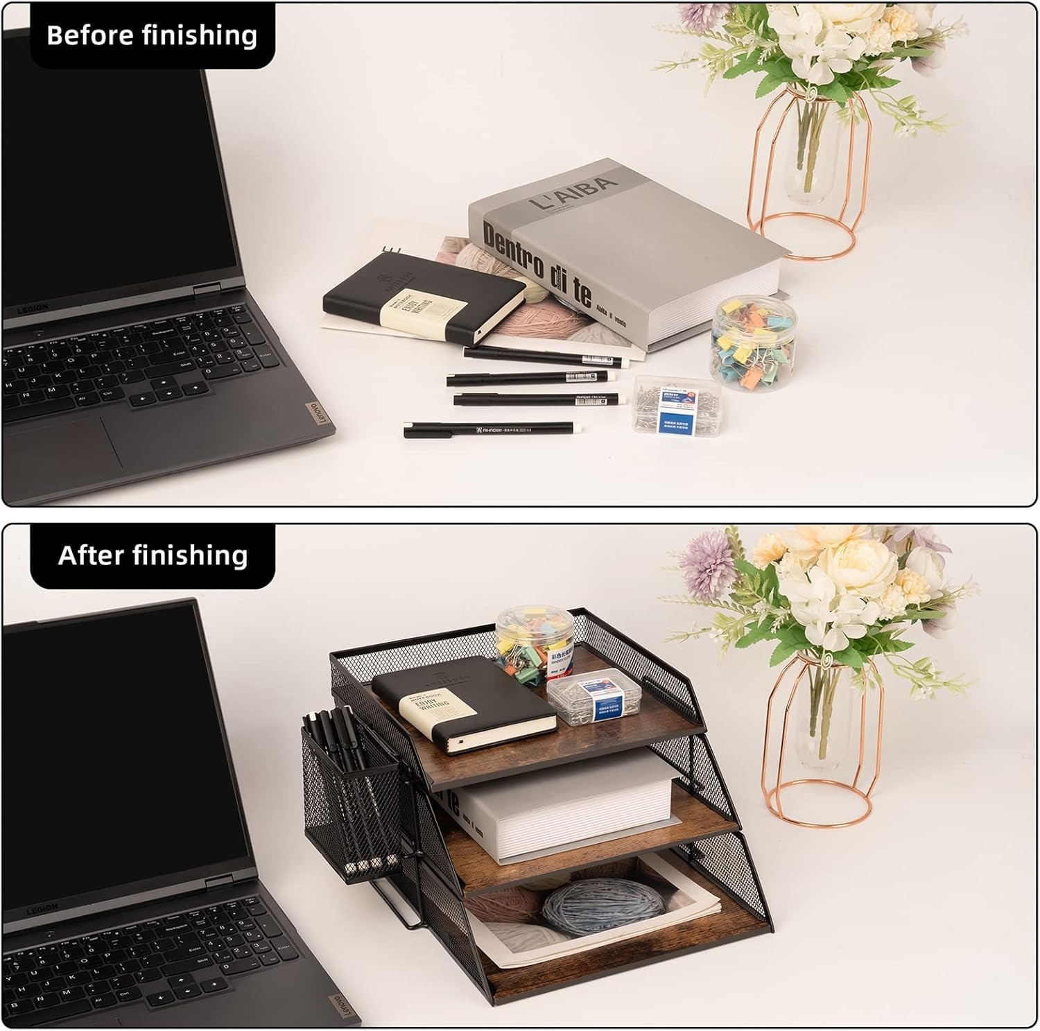 Vintage Wood & Metal Letter Tray， Stackable Desk Organizers Paper Tray， for F…