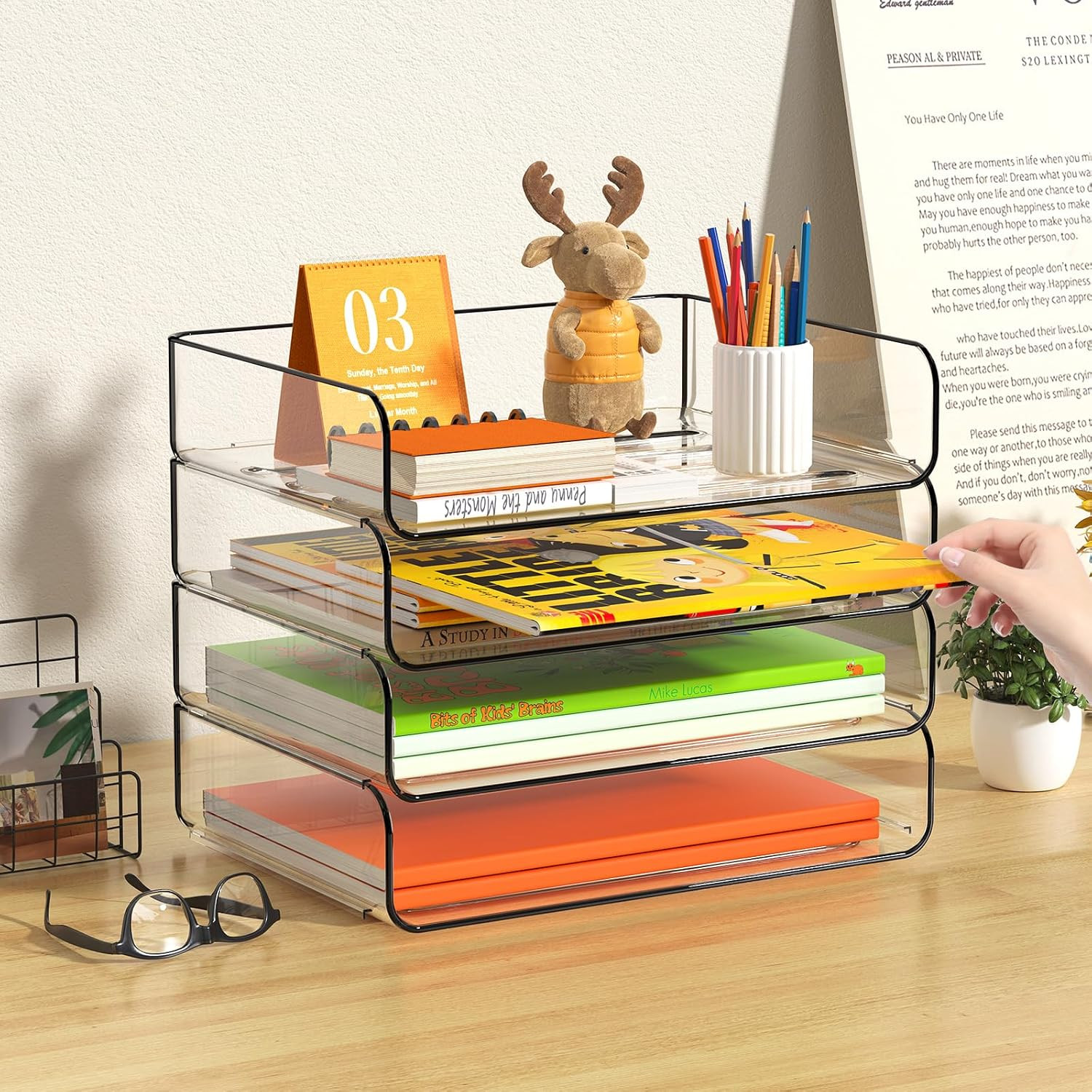 FANXIYQ 4-Tier Acrylic Paper Tray Organizer – Low-Profile Desk File Sorter for O