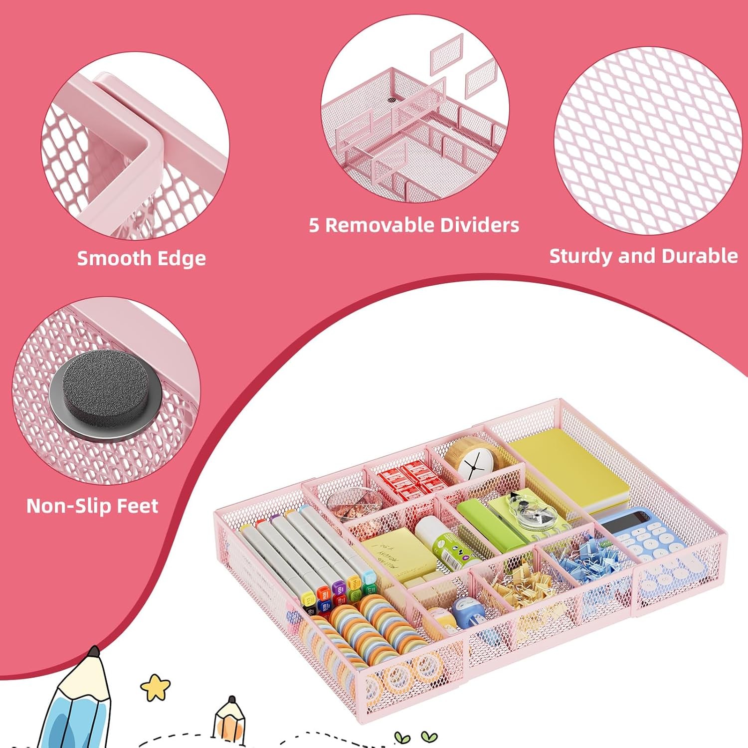 Expandable Desk Drawer Organizer,Mesh Tray w/ 10 Adjustable Compartment Organize