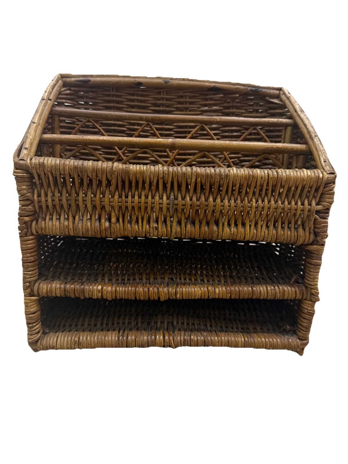 Vintage Wicker Desk Organizer Woven Mail LetterHolder Shelf Tiered10.5”x6.5”x11”
