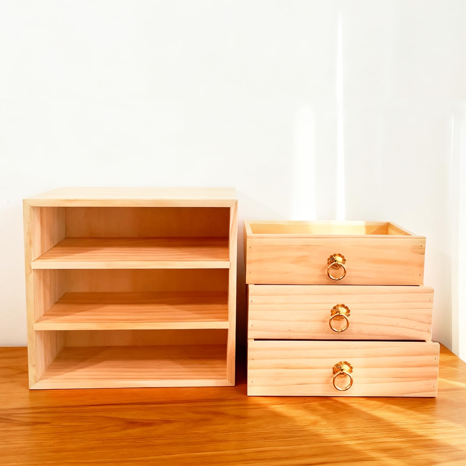 LONG TAO 3 Layer Natural Wooden Storage Box with Drawers Desk