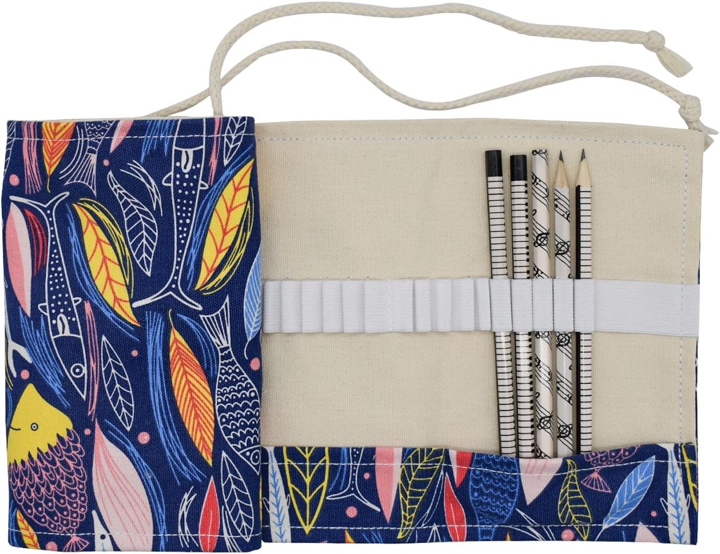 Colorful Fish Canvas Pencil Roll with 24 Slots – Perfect for Artists on the Go