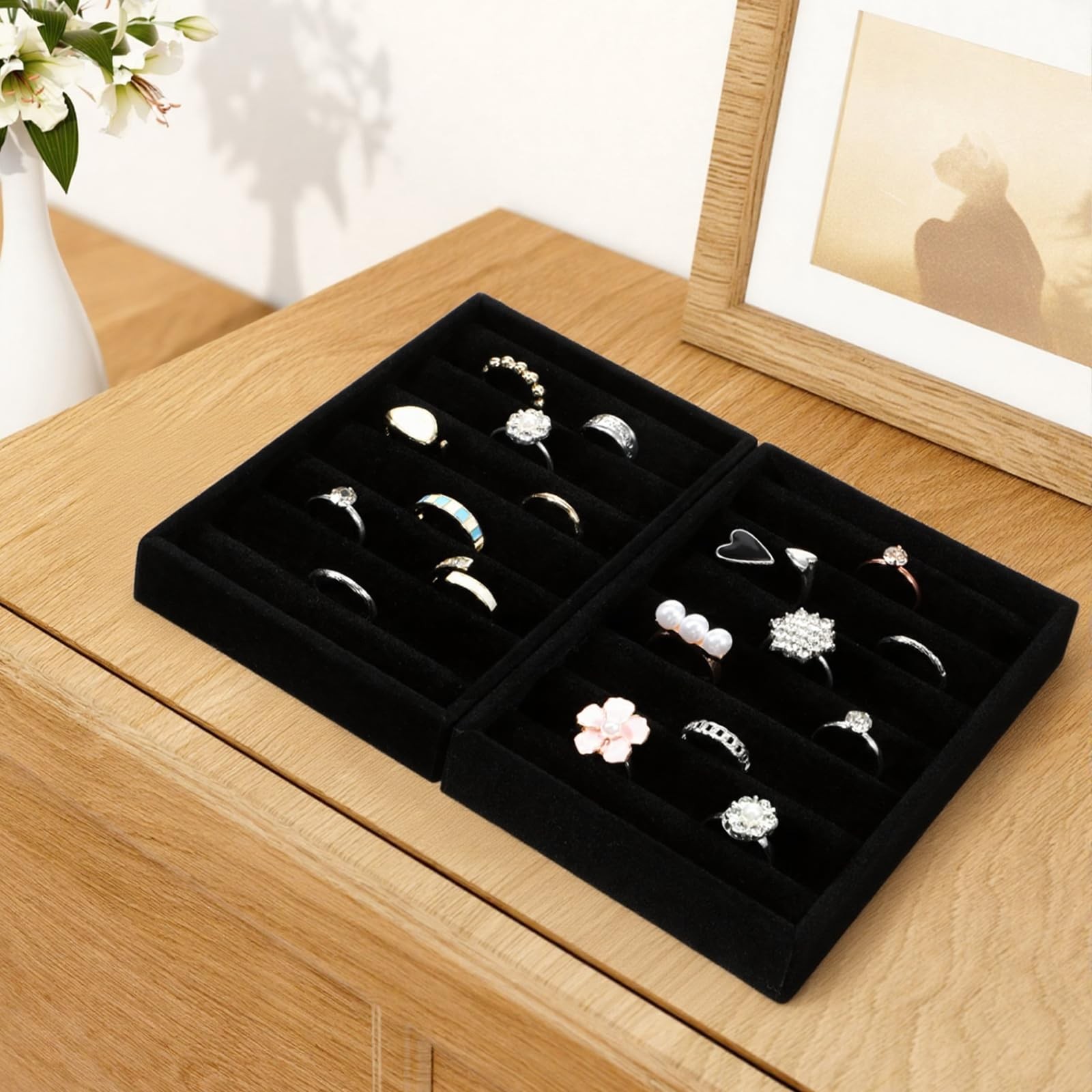 Xyembu 2 PCS Black Velvet Stackable Ring Organizer Tray, Earrings Display…