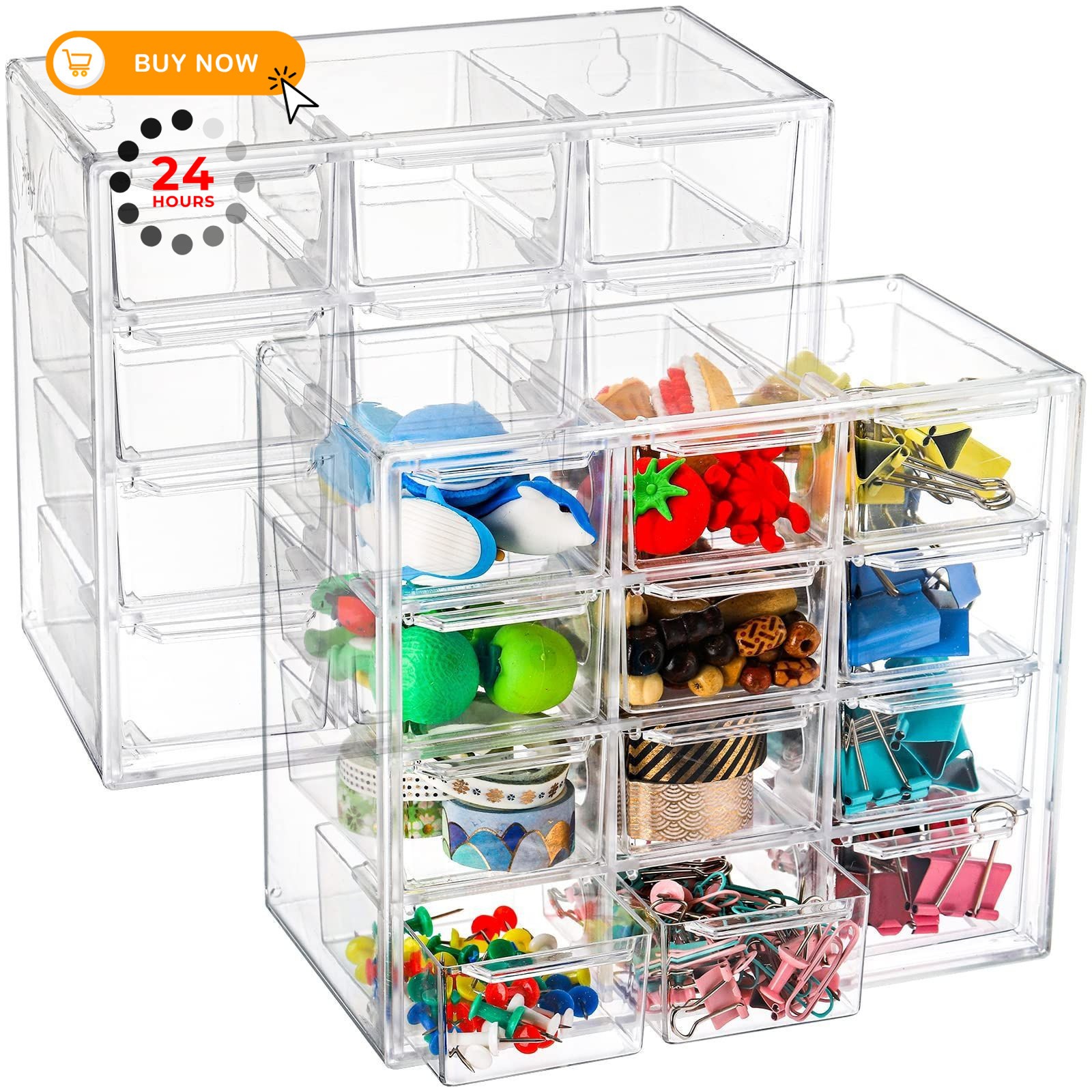 YOUEON 2 Pack Mini Desk Organizer with 12 Removable 7″L x 4″W x 6.1″H, Clear