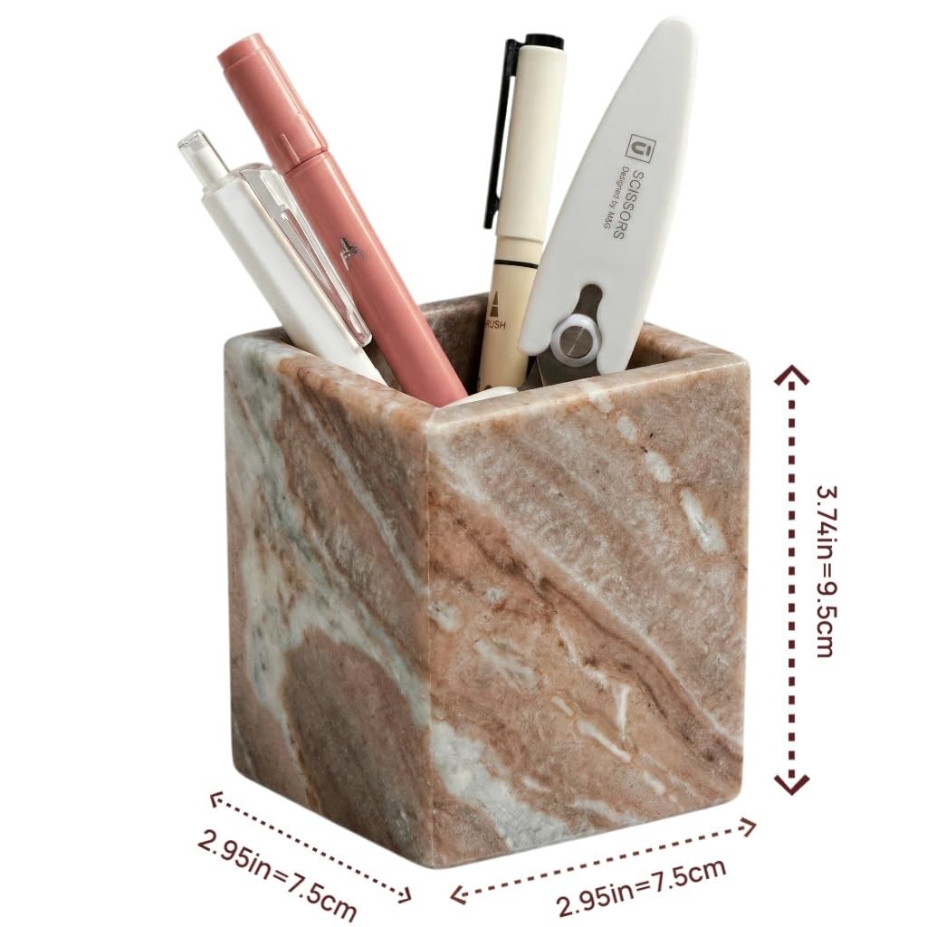 Natural Marble Pen Holder, 2.95” x 3.74” Square Desk Organizer, Marble Toothb…