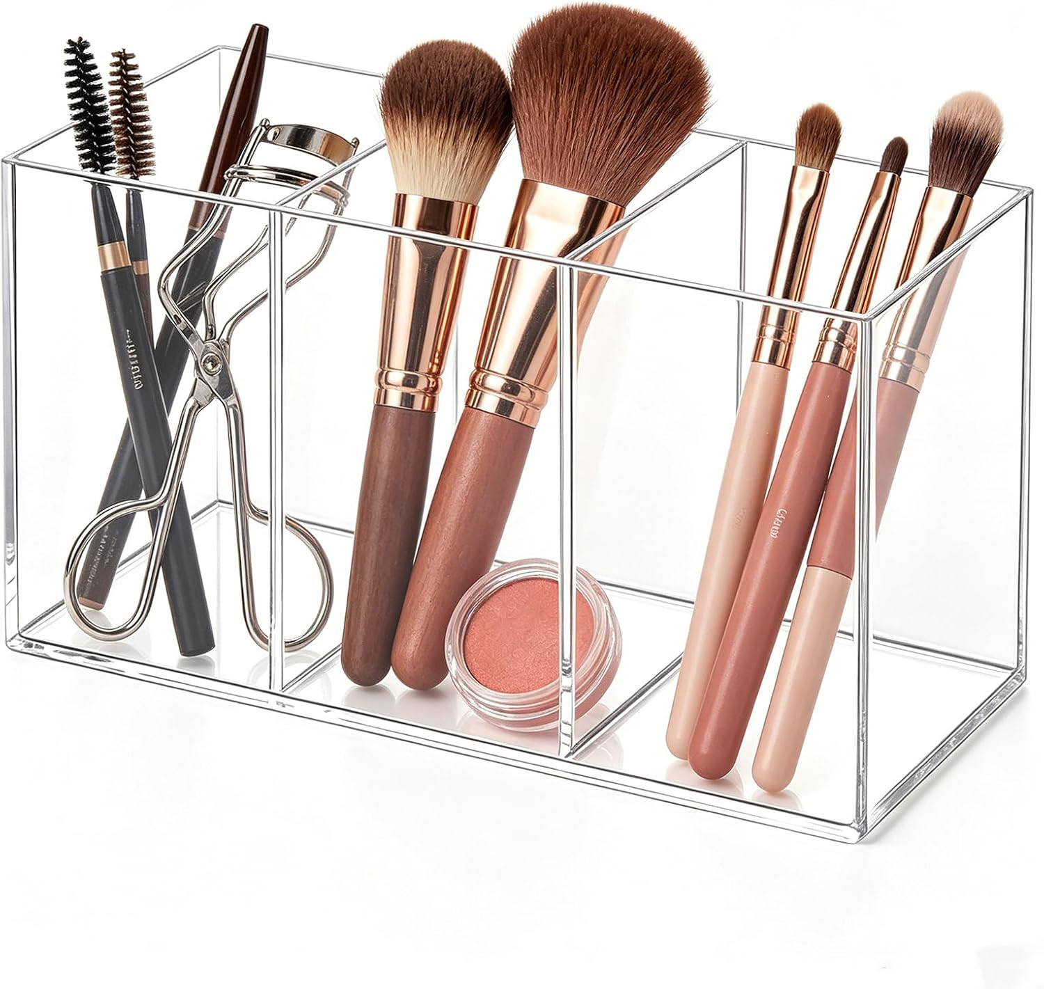 Acrylic Desk Organizer with 3 Compartments, Clear Pen Holder for Pencils and Mar