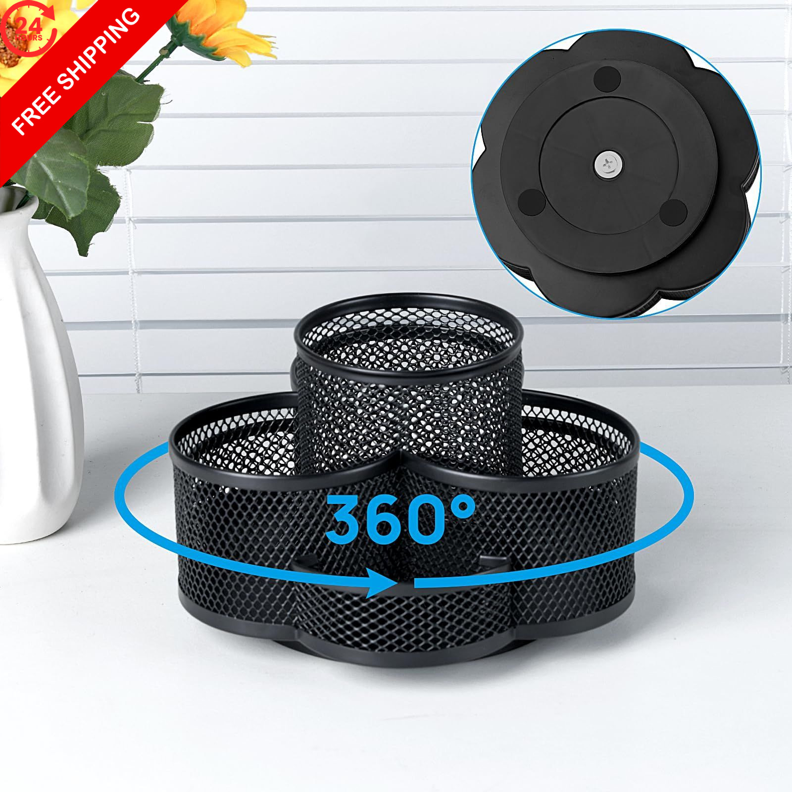Topwey Pen Holder for Desk, 360 Rotating Pencil Holder, Cup Black