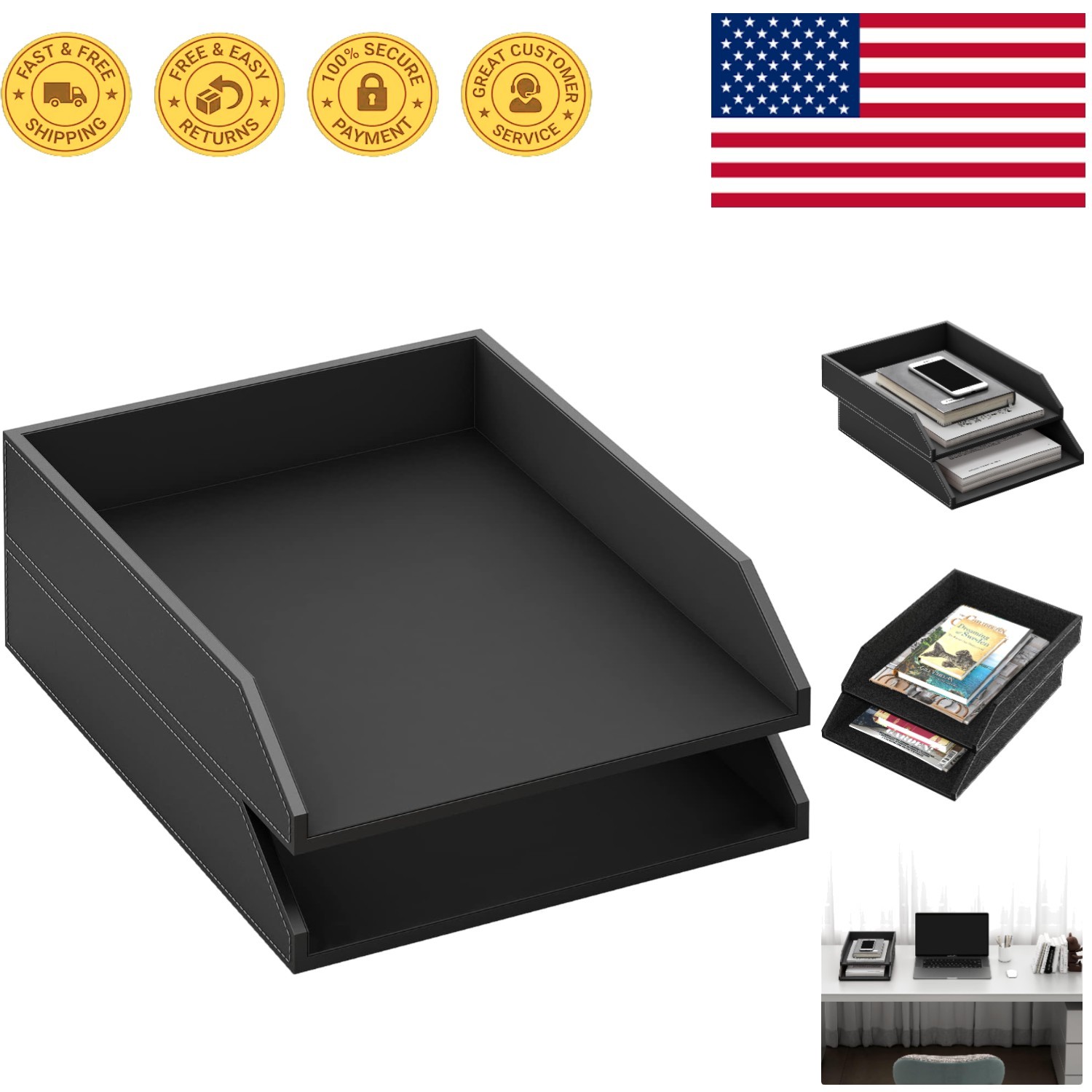 Elegant Black Leather Letter Tray – Stackable Desk Organizer for Office Supplies
