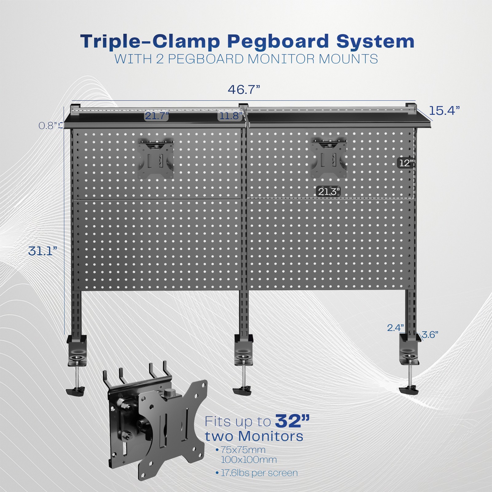 VIVO Black Steel Clamp-on 47″ Pegboard with Monitor Mounts & Overhead Shelf