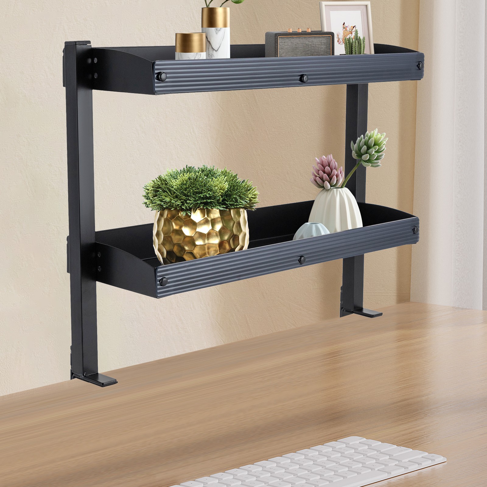 Desktop or Under-Desk Shelf Clamp-on 2-Tier Shelving W/ Adjustable Storage Tray