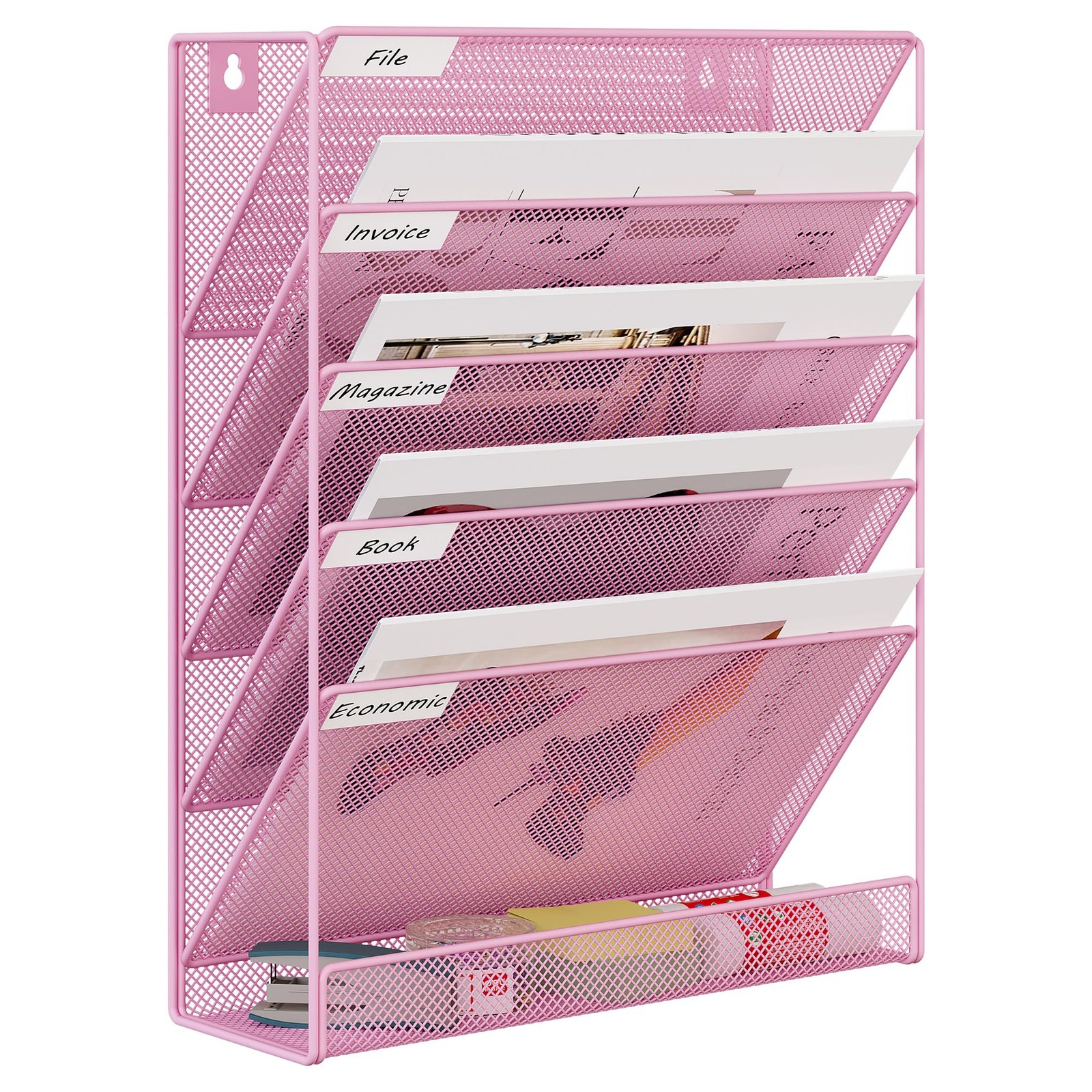 EasyPAG 5 Tier Wall File Holder, Mesh Hanging Folder Organizer with Pink