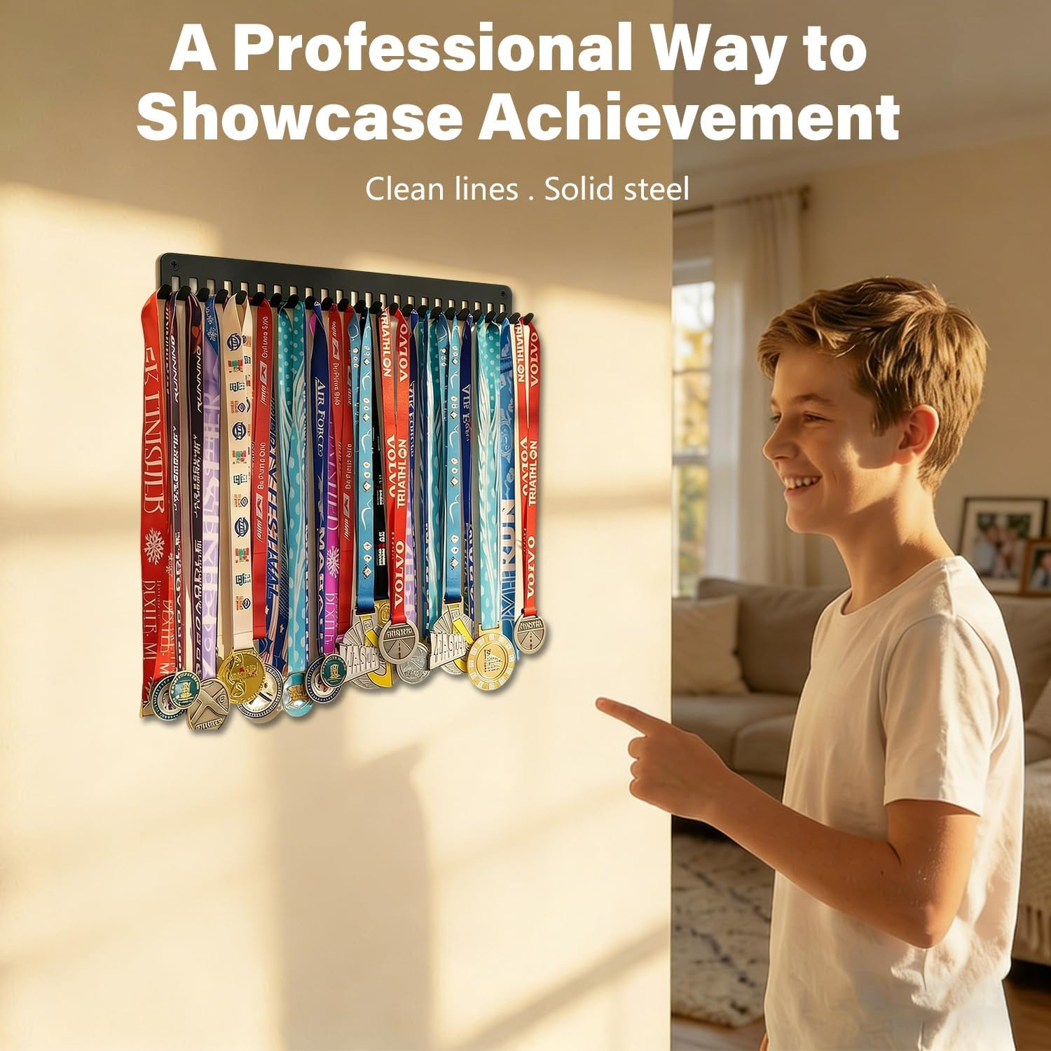 Wall Mounted Medal Holder Organizer Rack, 15.4 Inch Metal Storage Frame with 24