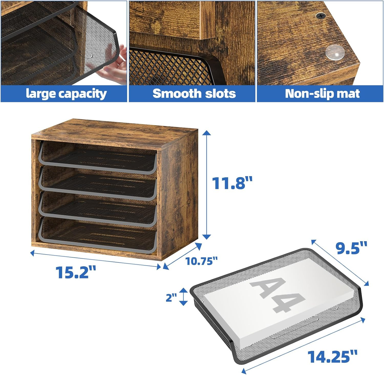Desk File Organizers, 4-Tier Letter Tray Paper Organizer with File Holder, Woode
