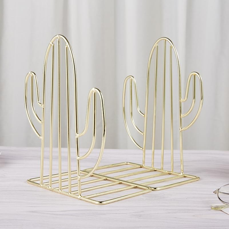 DIYEAH Metal Cactus Bookends 2 Pack 7.08X5.31X3.54 Inch 18*13.5*9cm, Golden