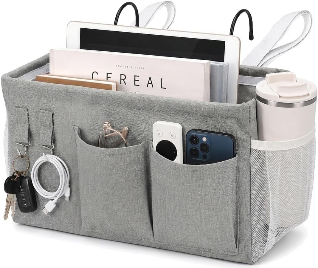 1pc Bedside Caddy Organizer with Hooks, No-Sagging Canvas Hanging Bed Pocket …