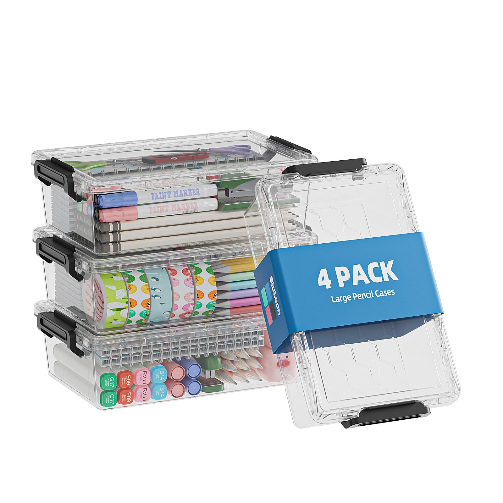 4 Pack Extra Large Pencil Box, Plastic Pencil Case Organizer, Clear Crayon Bo…