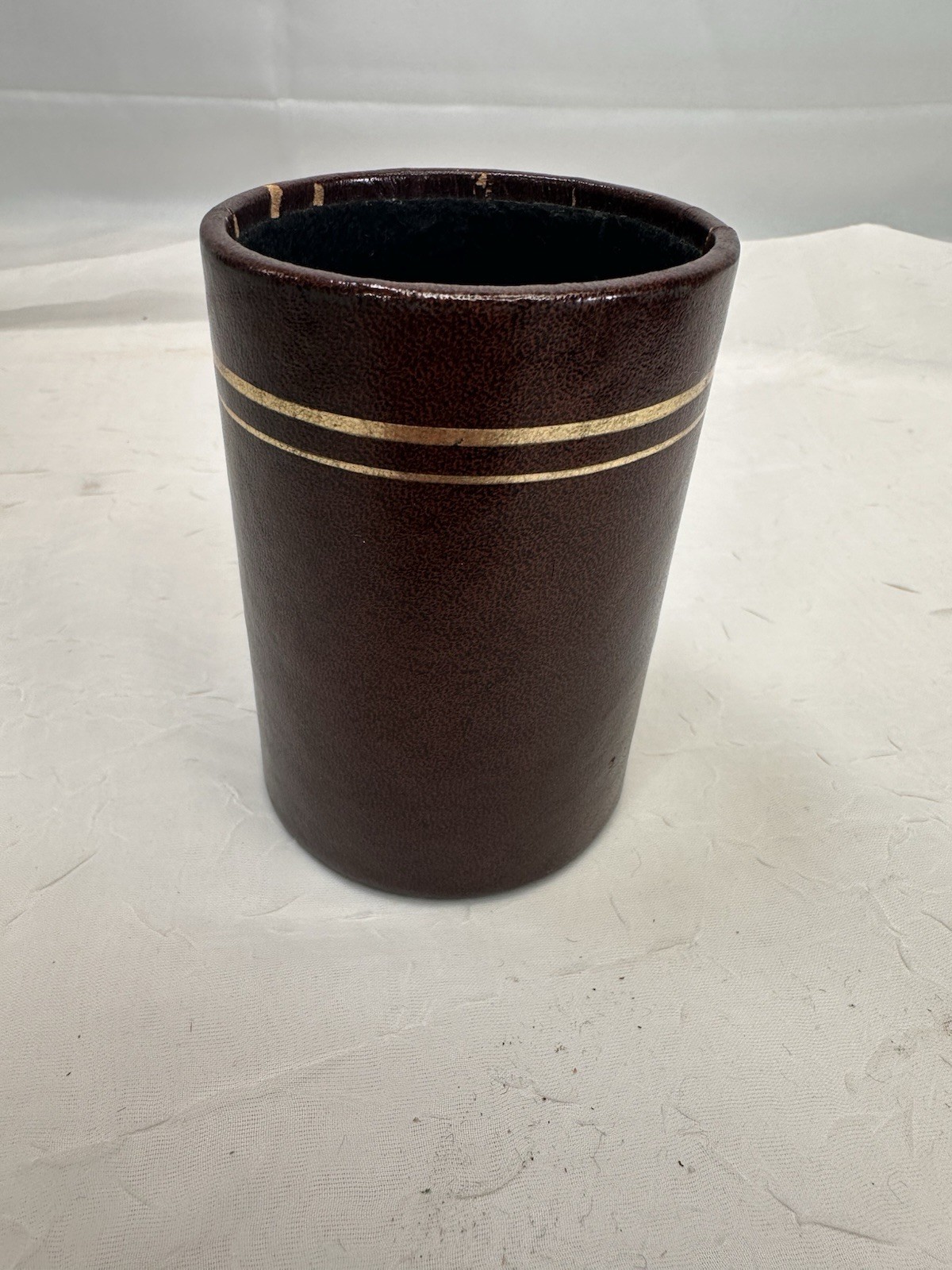 Vtg MCM Brown Gold Leather Pen Holder Pencil Cup Felt Bottom Desk Organizer