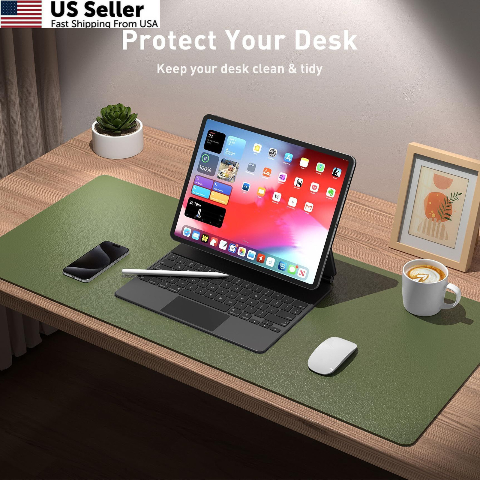 Aothia Desk Protector Mat, Mouse Pad, Non-Slip 23.6″ x 13.7″, Olive Green