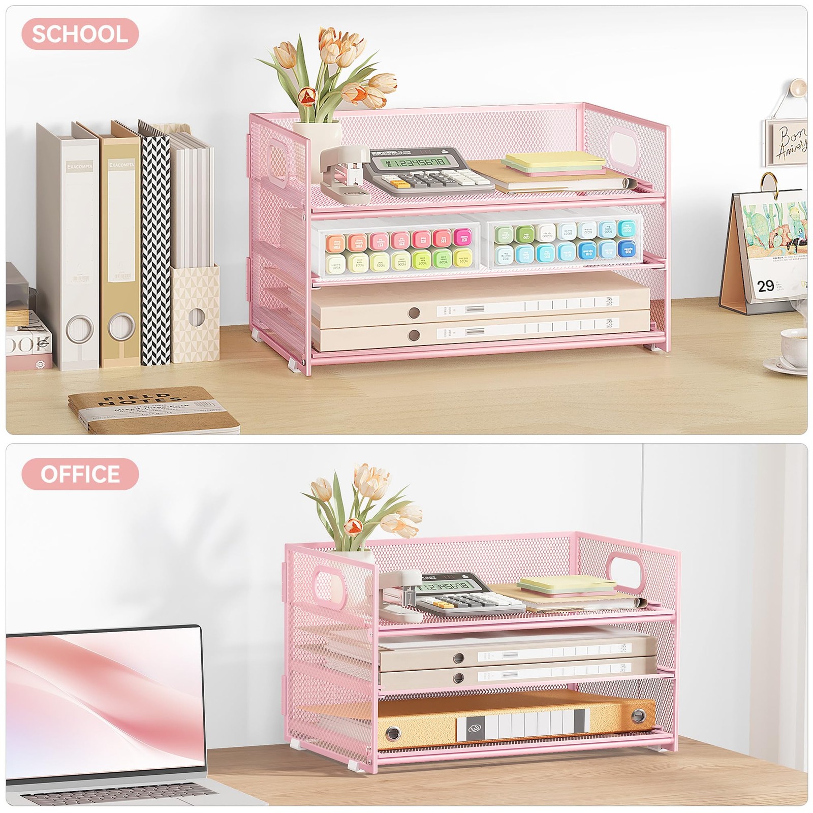 1 Set 3 Tier Paper Letter Tray Organizer Desk Mesh Sorter Pink