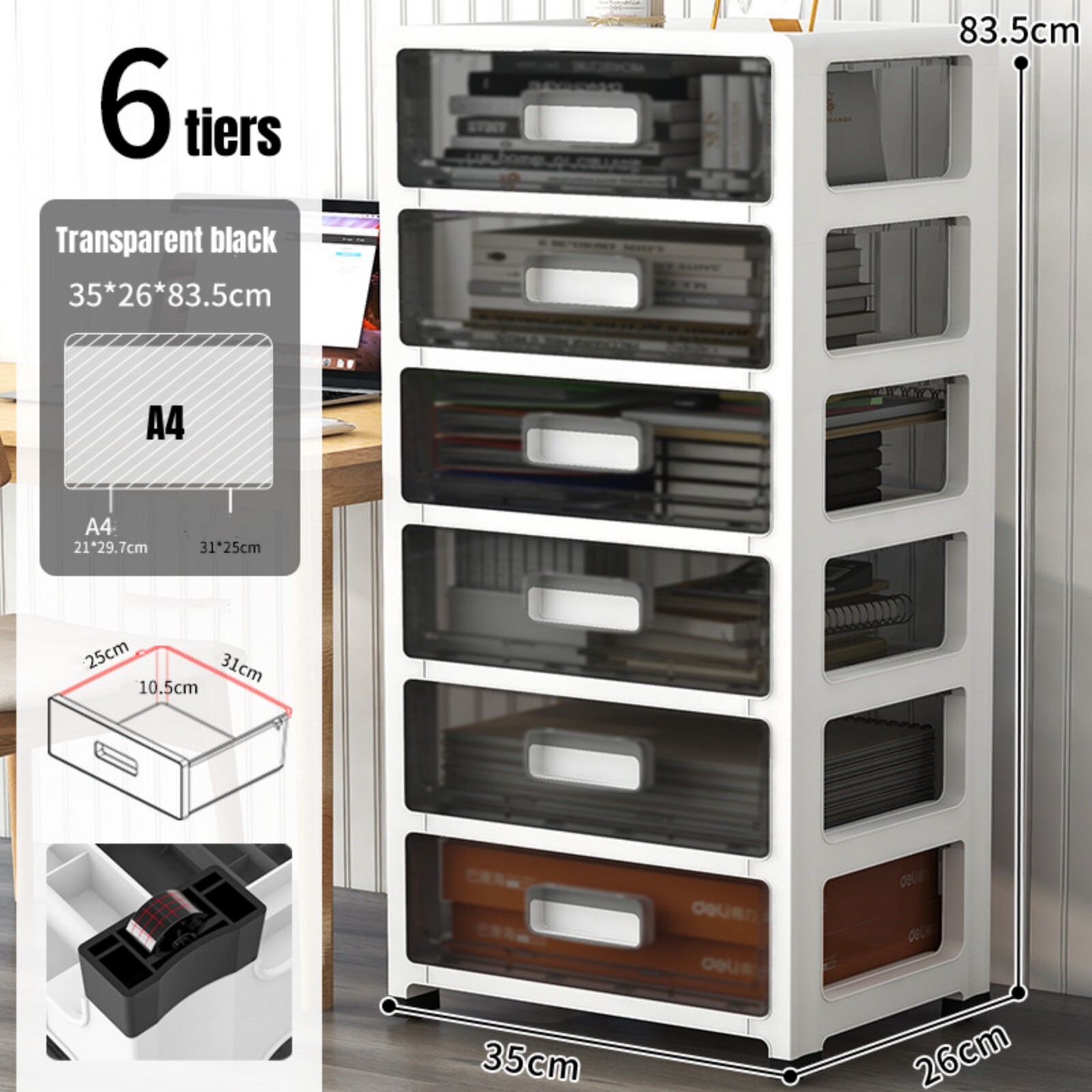Large 6-Drawer Desktop Organizer with Open Tray Top, for Desk Organizer, Black