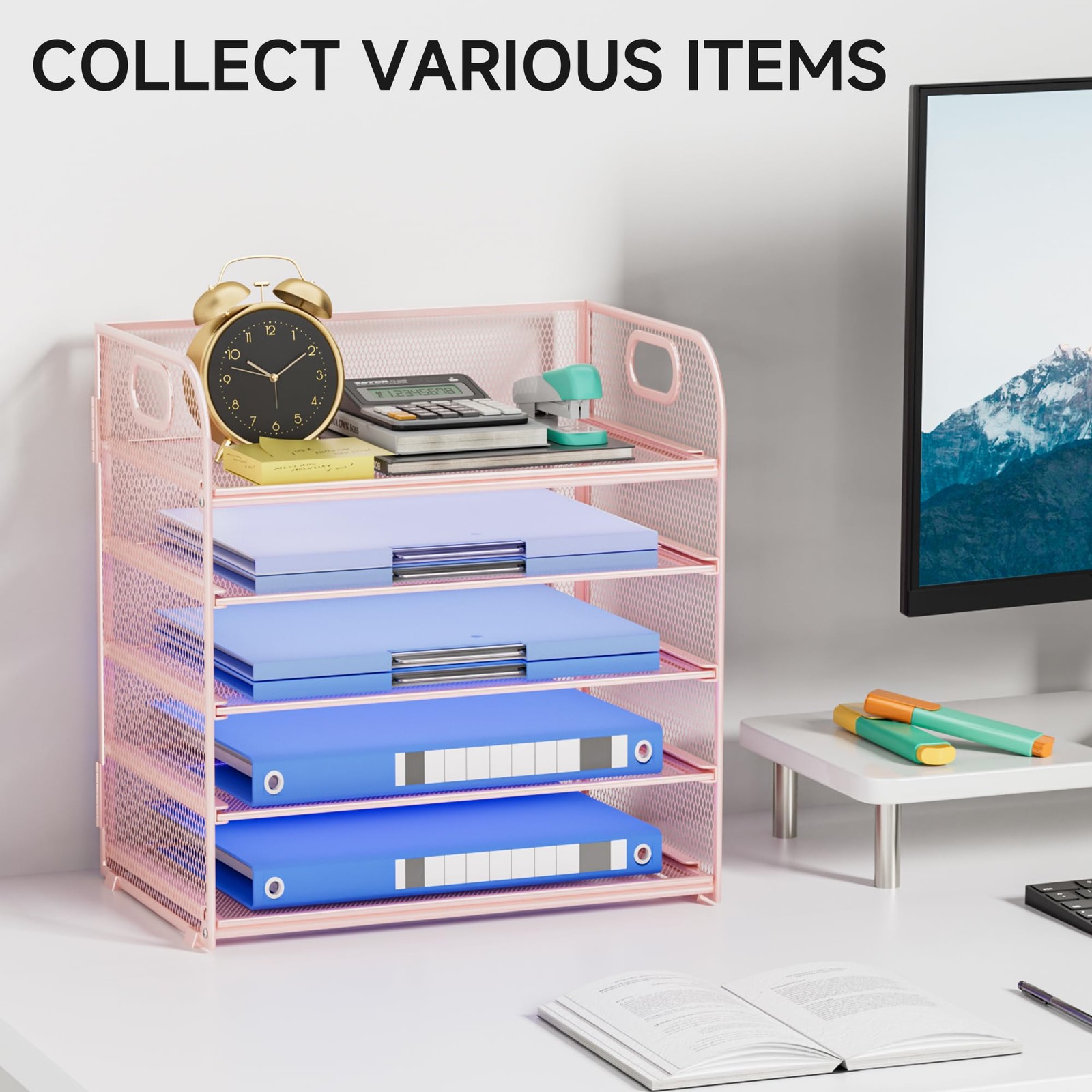 5-Tier Stackable Paper Organizer Handle Pink Metal Mesh Letter Tray File Desk