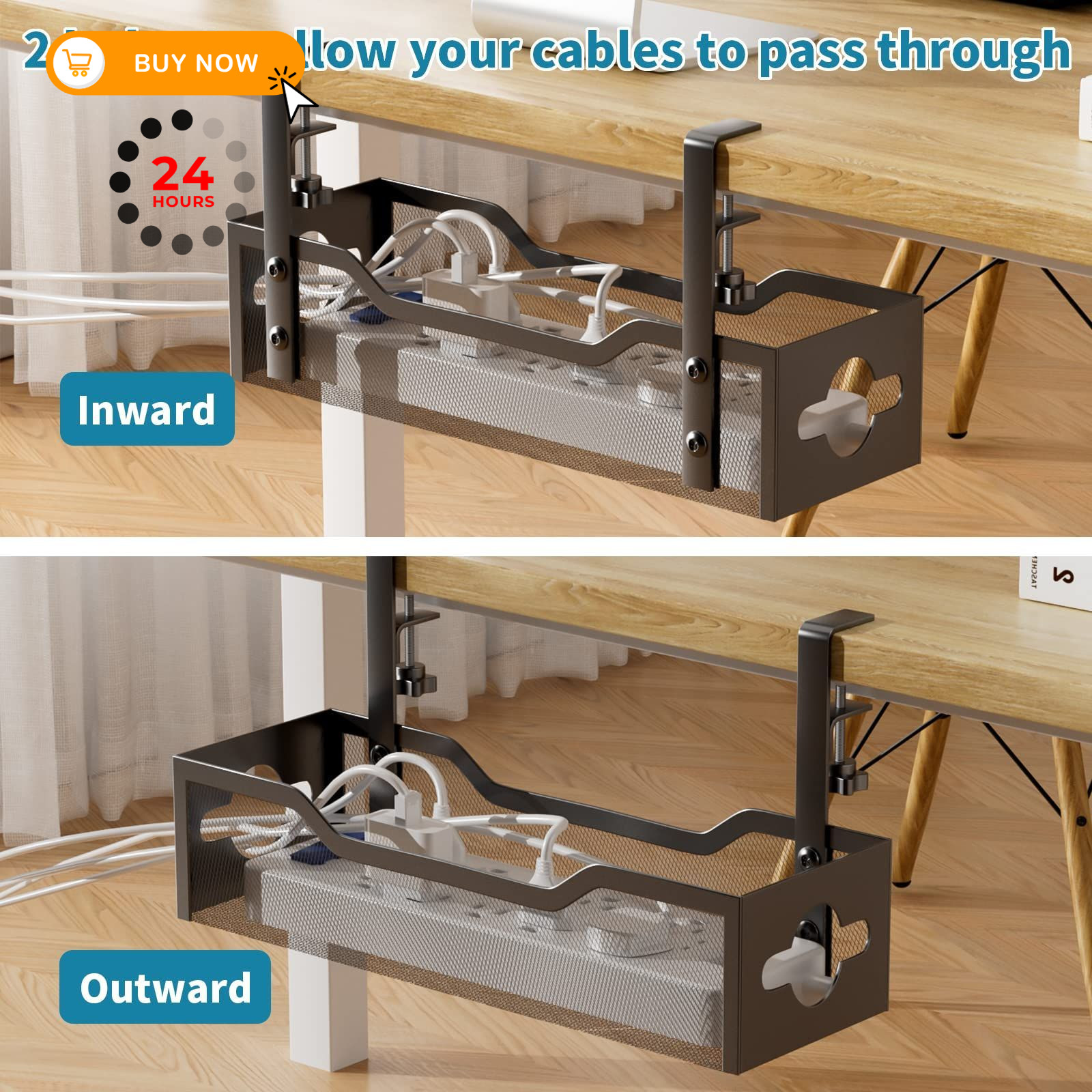 Under Desk Cable Management Tray No Drill, Metal Mesh 13.38″, Black