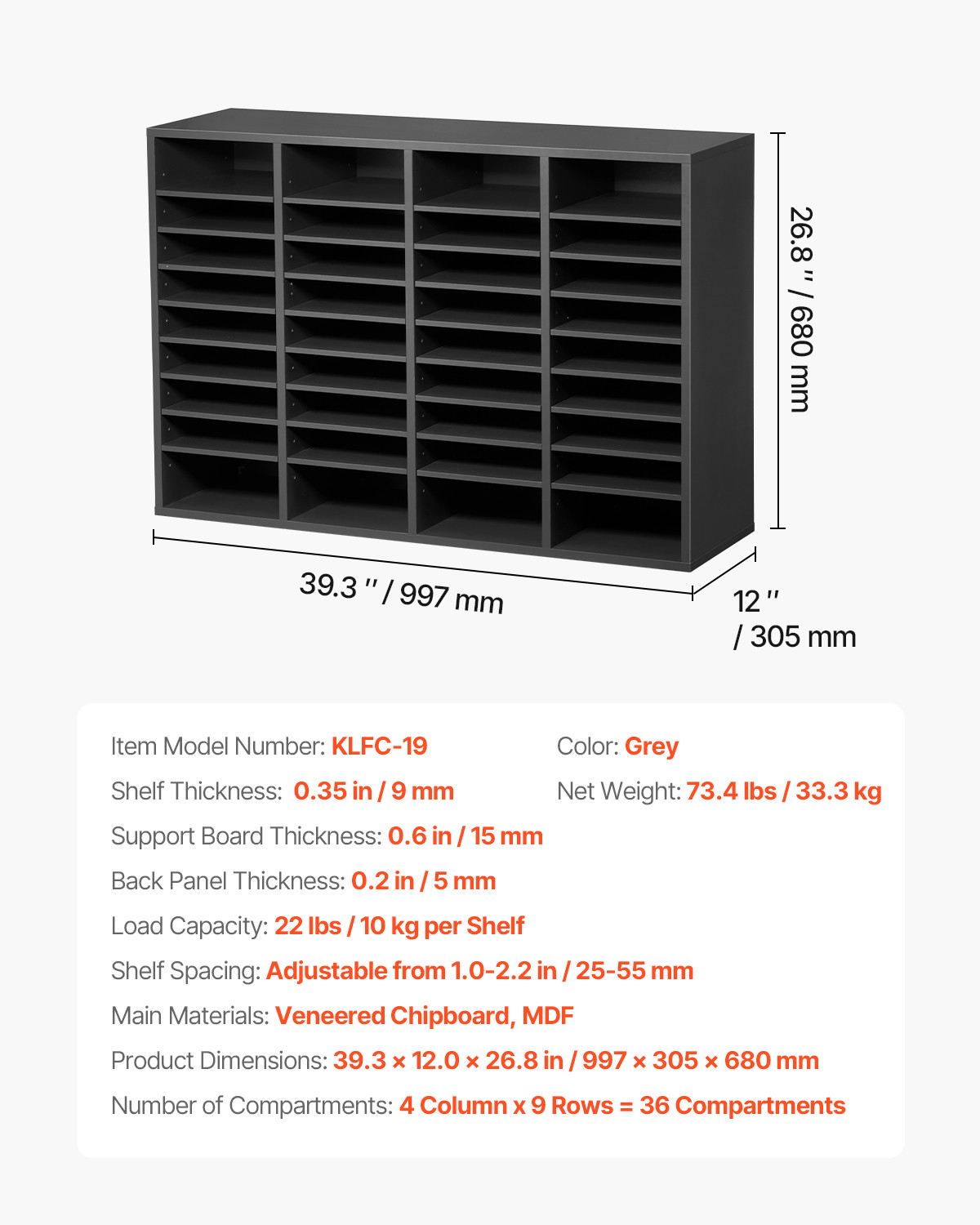 Wooden Literature Organizer 36 Compartments with Adjustable Shelves Grey
