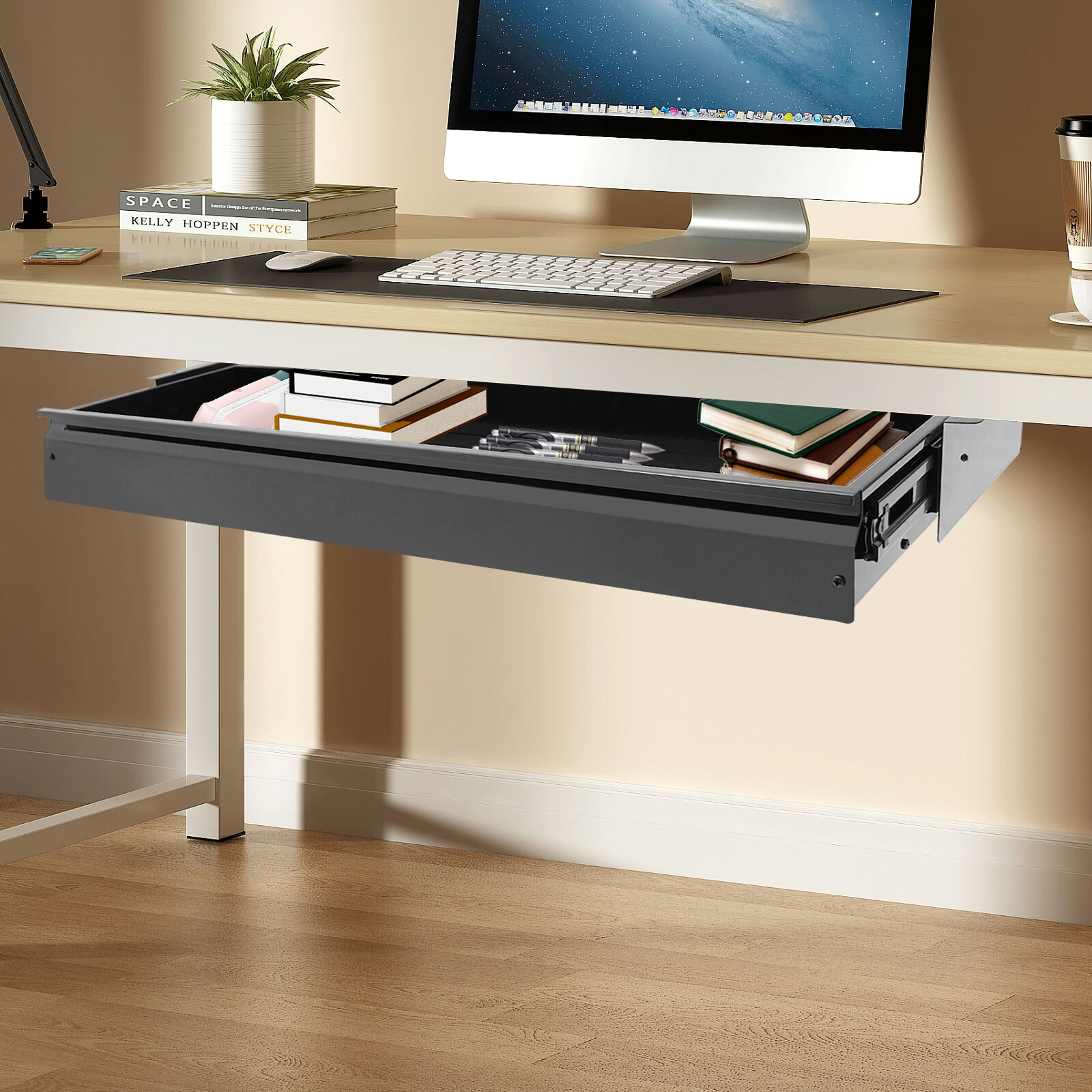 Under Desk Mounted Sliding Drawer 33 Inch Black Steel Office Storage Organizer