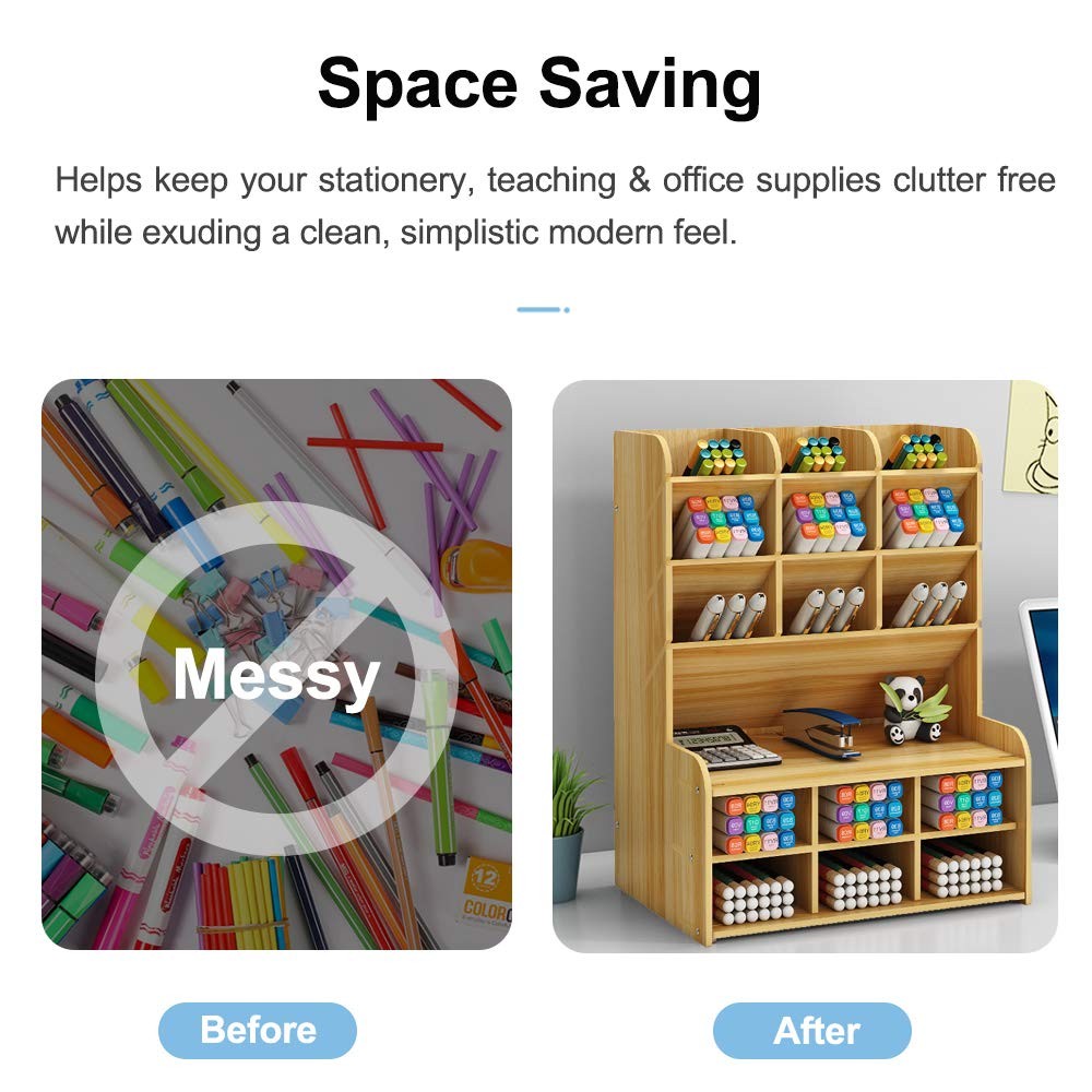 Wooden Desk Organizer, Large Capacity DIY Pen Holder Storage Box Desktop Stat