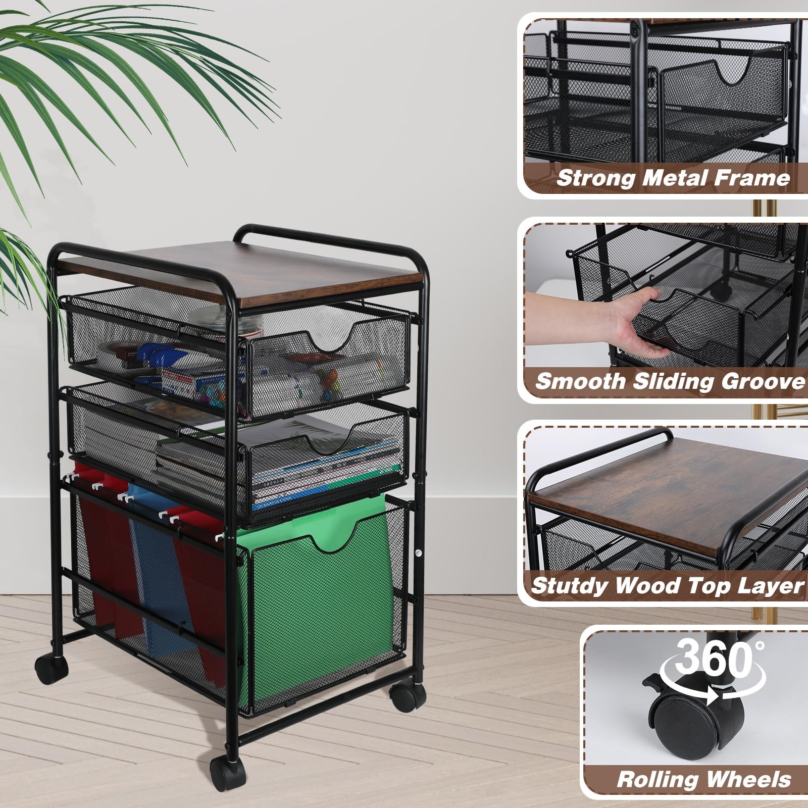 EasyPAG 3-Tier Rolling File Cart with 1 Large & 2 Small 3 Drawer, Black